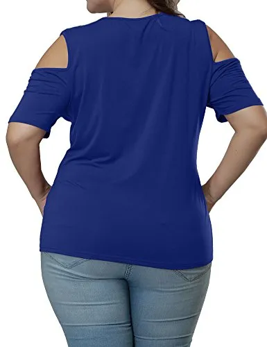 Allegrace Women's Plus Size Keyhole Front Short Sleeve Top Cold Shoulder T Shirt Blue 4X