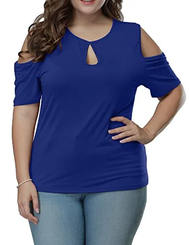 Allegrace Women's Plus Size Keyhole Front Short Sleeve Top Cold Shoulder T Shirt Blue 4X