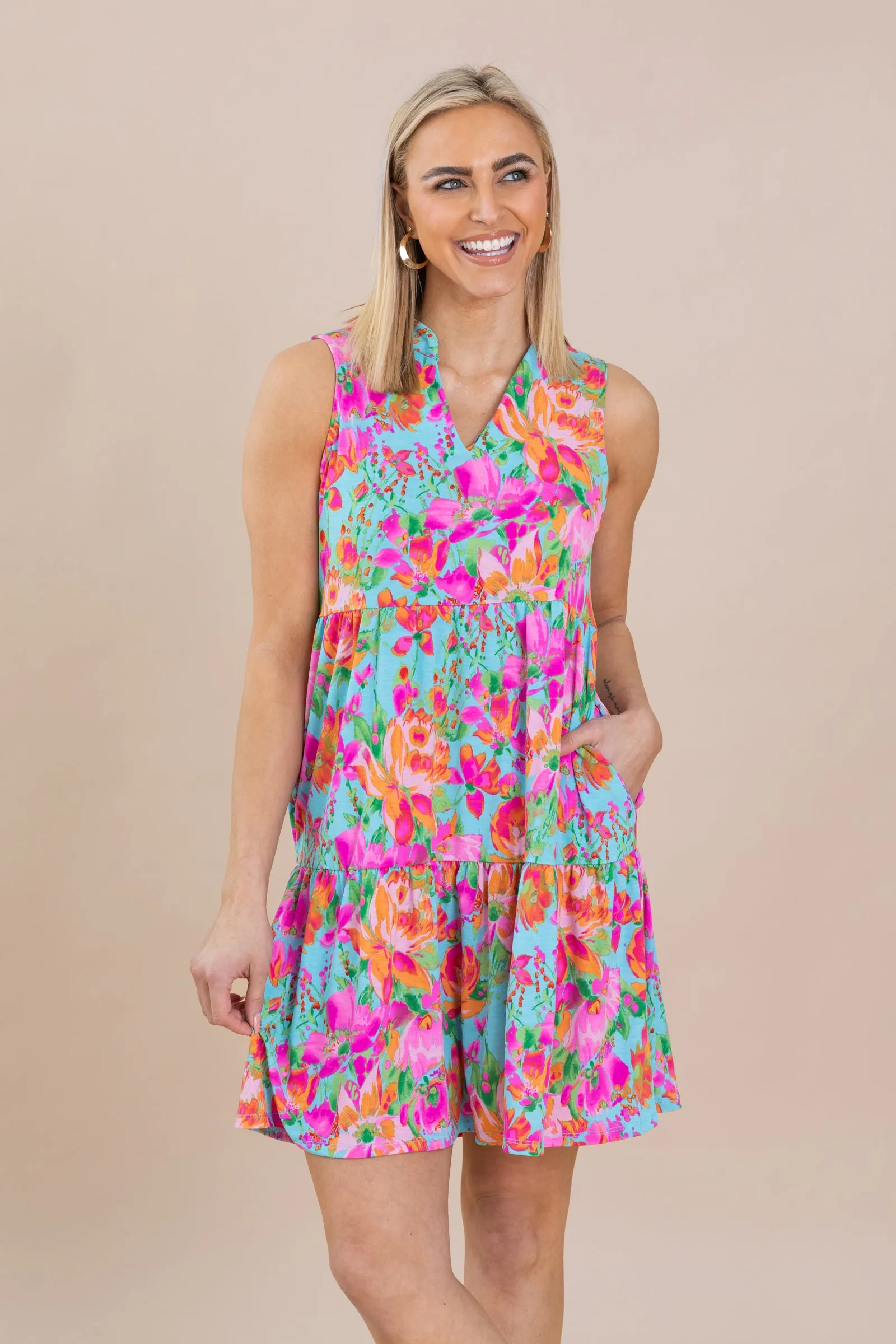 Aqua Floral Tiered Wrinkle Free Dress