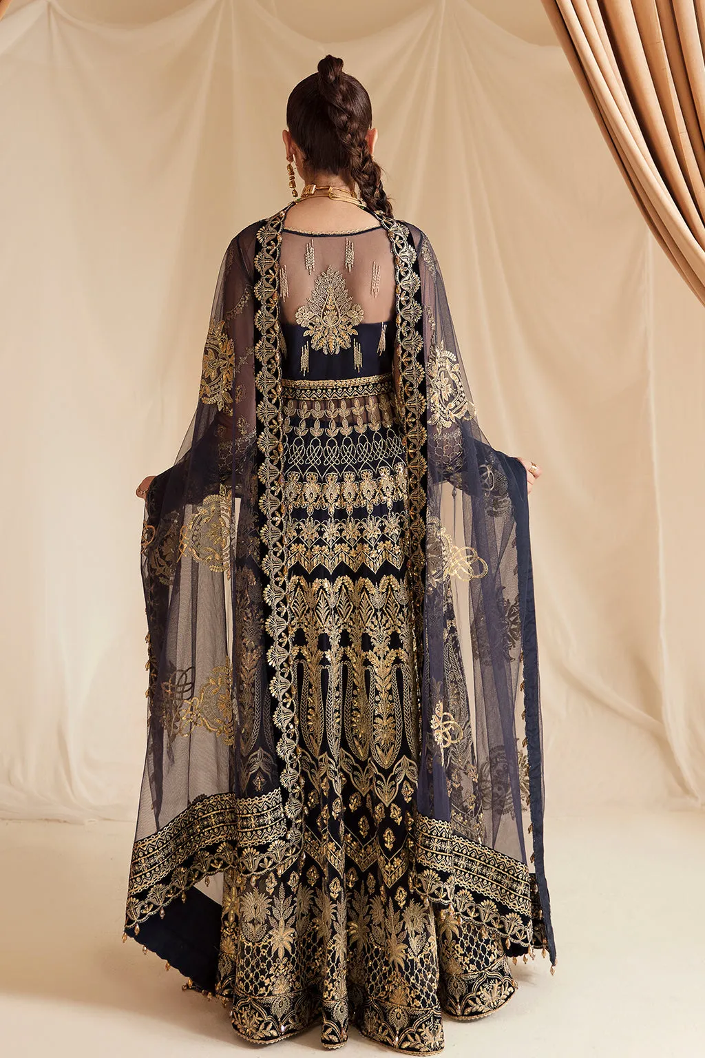 Berry Blue Embroidered Pakistani Wedding Dress in Kalidar Pishwas Style