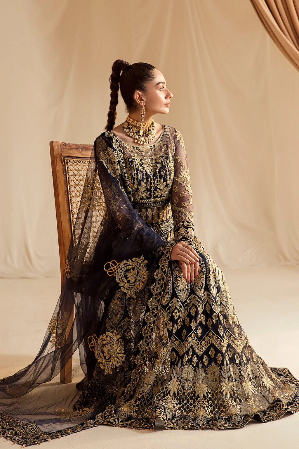 Berry Blue Embroidered Pakistani Wedding Dress in Kalidar Pishwas Style