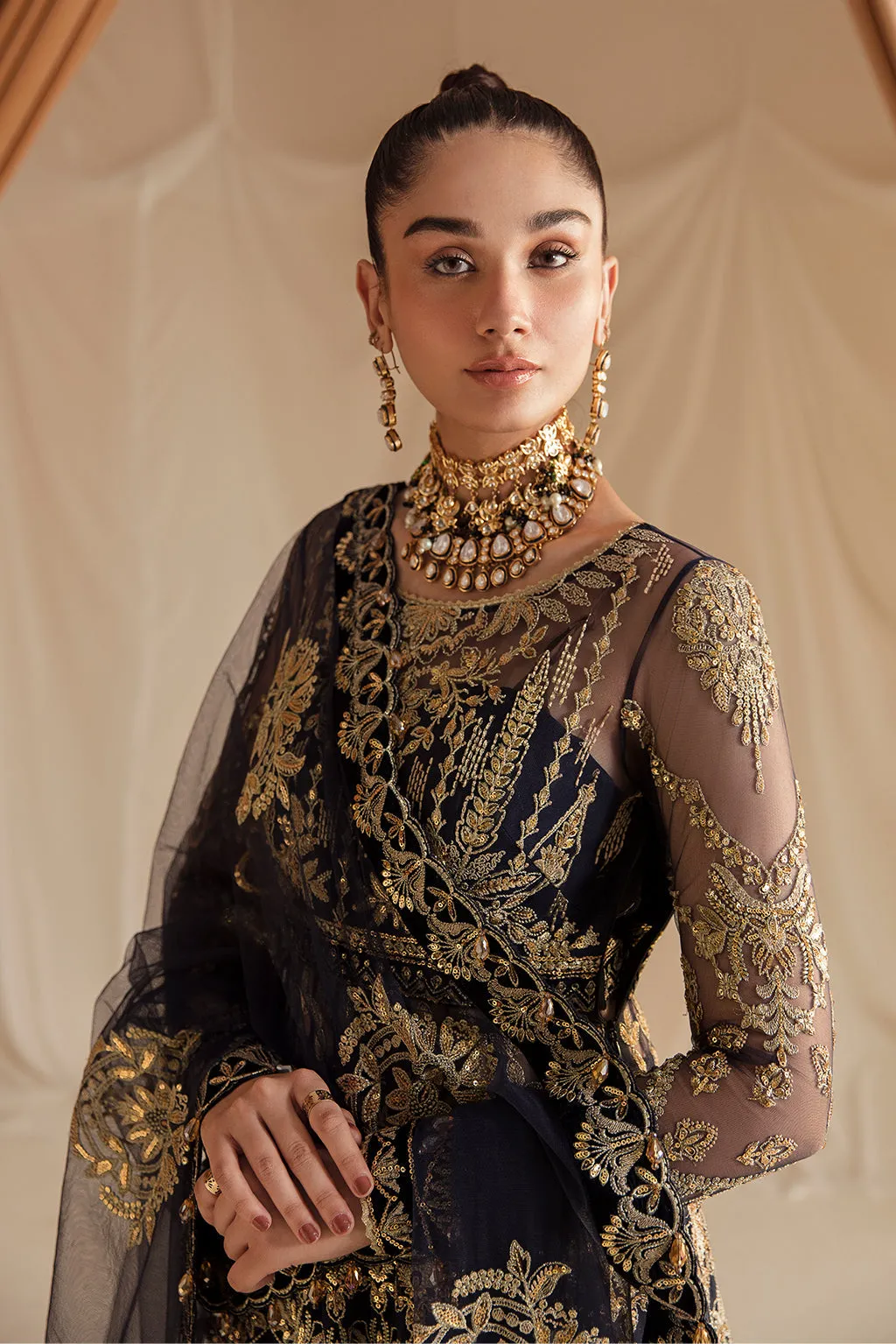 Berry Blue Embroidered Pakistani Wedding Dress in Kalidar Pishwas Style
