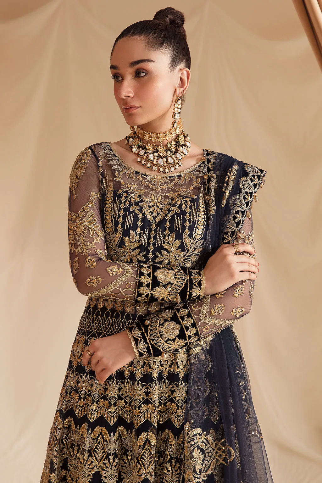 Berry Blue Embroidered Pakistani Wedding Dress in Kalidar Pishwas Style