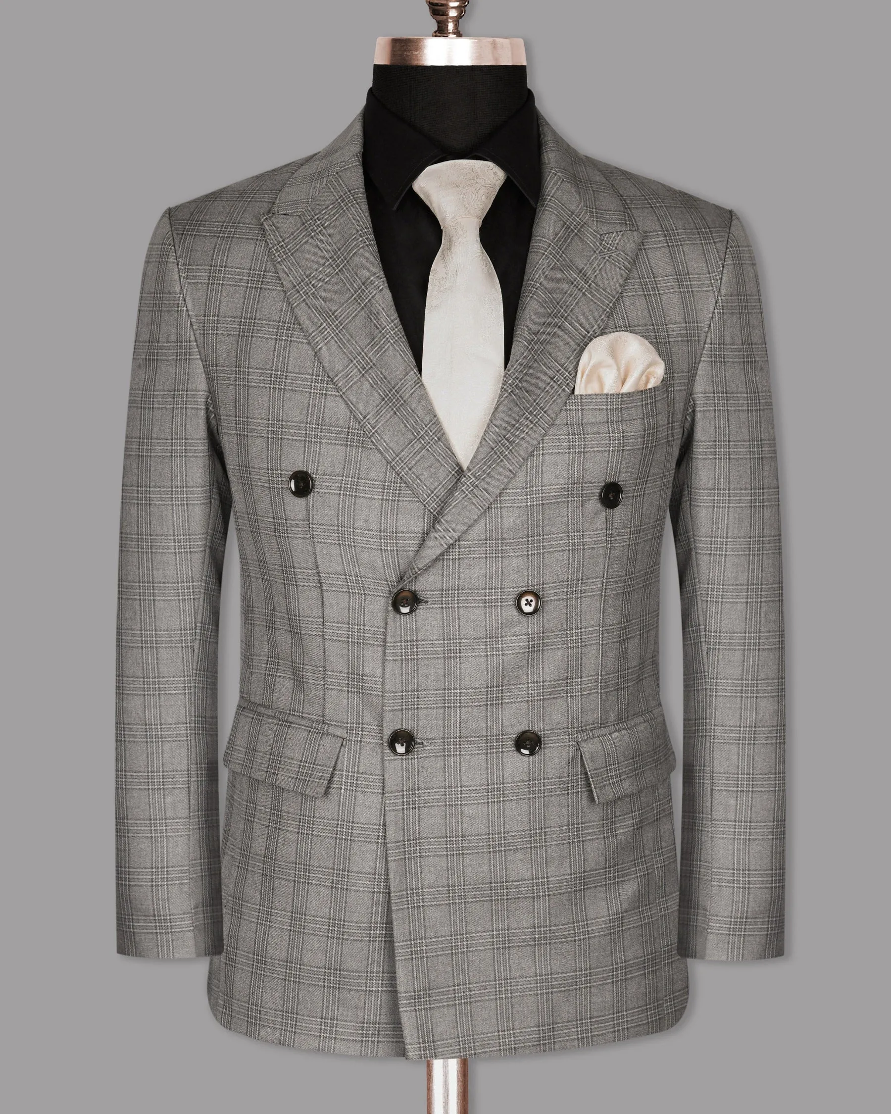 Cloudy Grey Tonal Checked Double Breasted Wool Blend Blazer