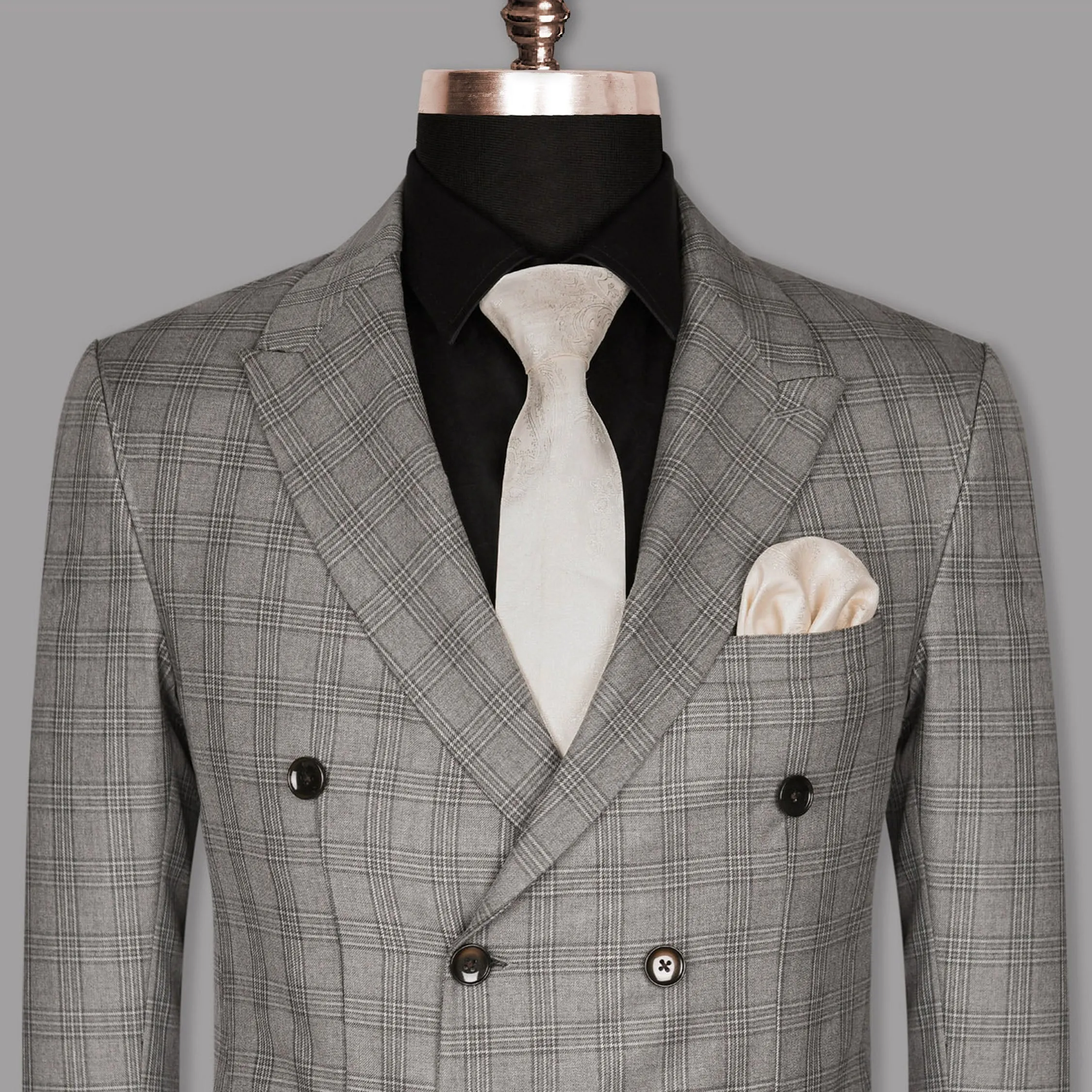Cloudy Grey Tonal Checked Double Breasted Wool Blend Blazer