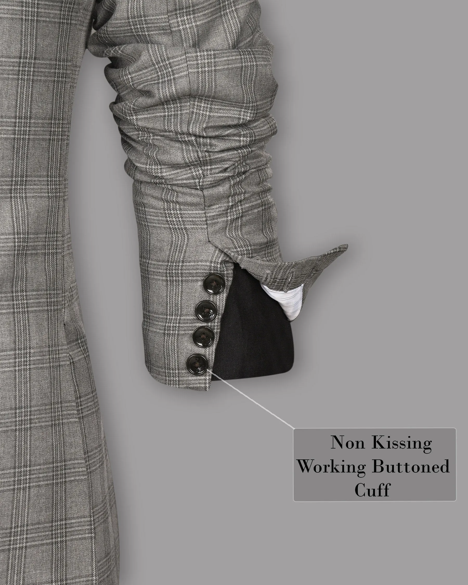 Cloudy Grey Tonal Checked Double Breasted Wool Blend Blazer