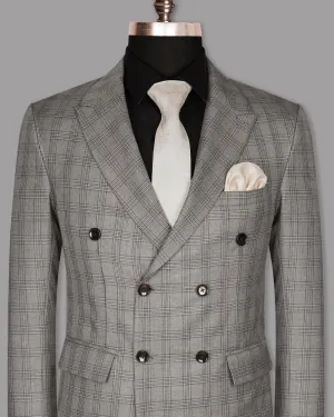 Cloudy Grey Tonal Checked Double Breasted Wool Blend Blazer
