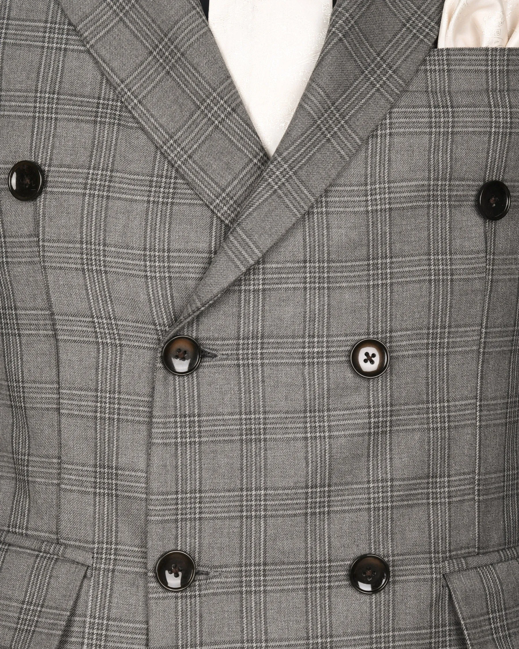 Cloudy Grey Tonal Checked Double Breasted Wool Blend Blazer