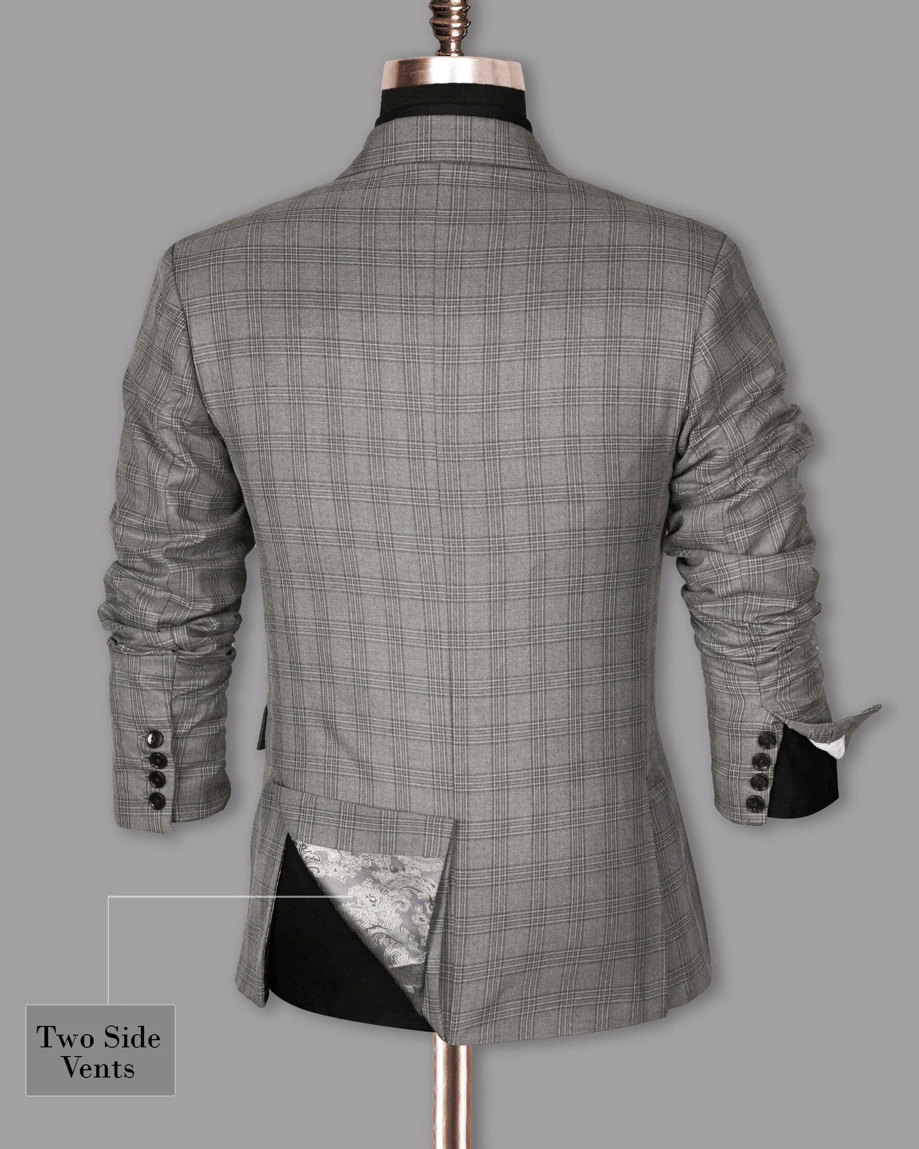 Cloudy Grey Tonal Checked Double Breasted Wool Blend Blazer