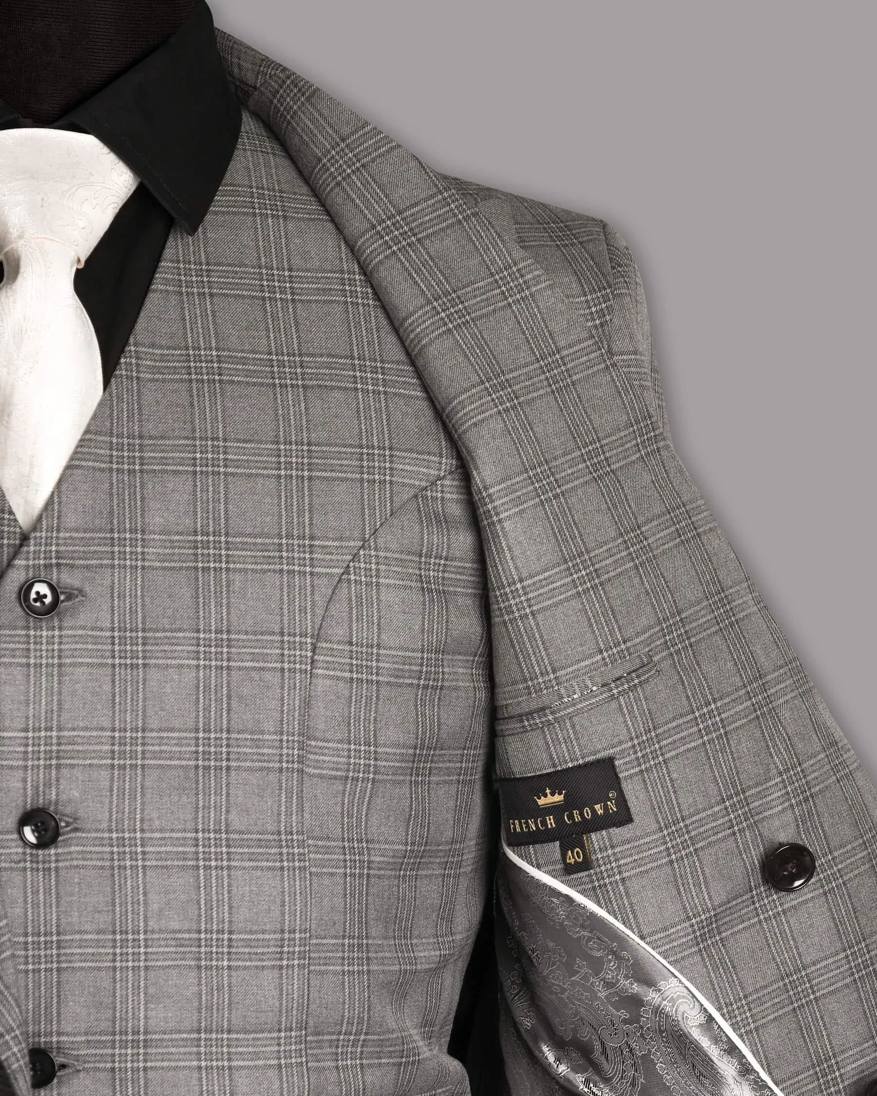 Cloudy Grey Tonal Checked Double Breasted Wool Blend Blazer