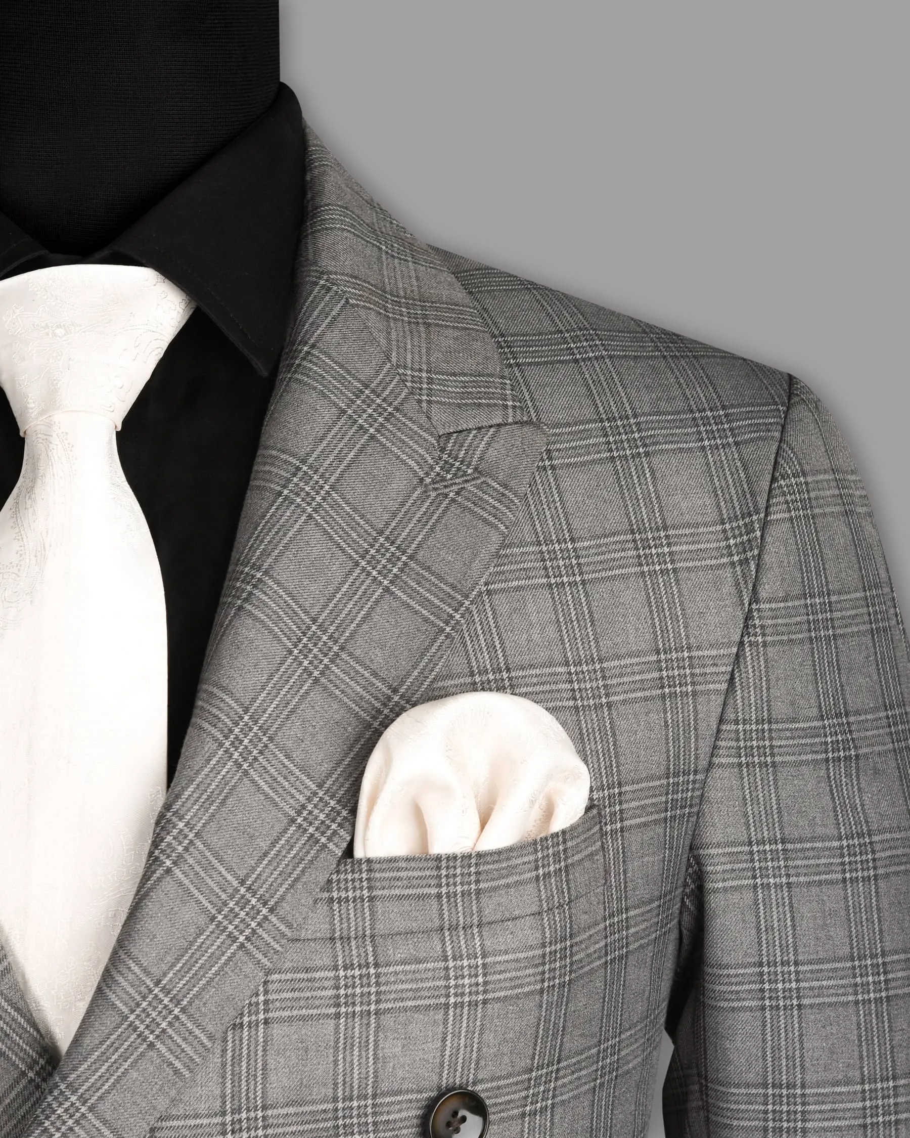Cloudy Grey Tonal Checked Double Breasted Wool Blend Blazer