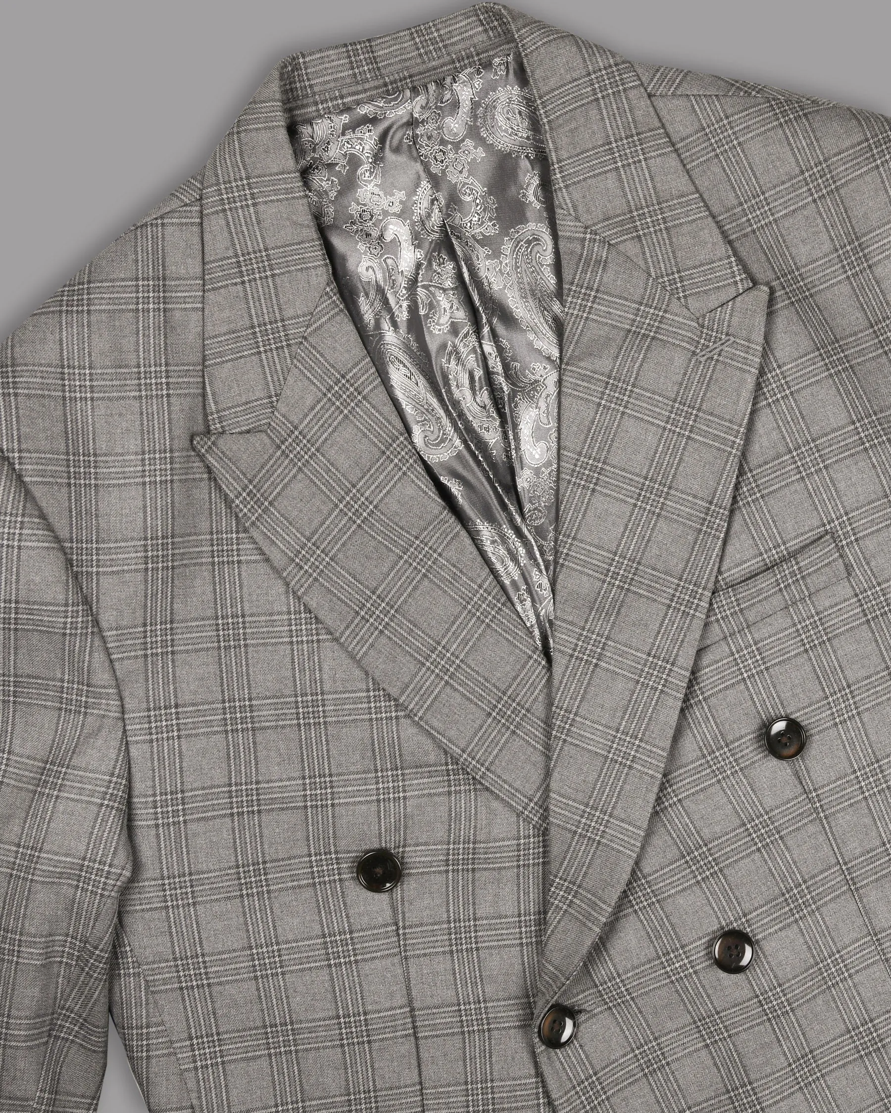 Cloudy Grey Tonal Checked Double Breasted Wool Blend Blazer