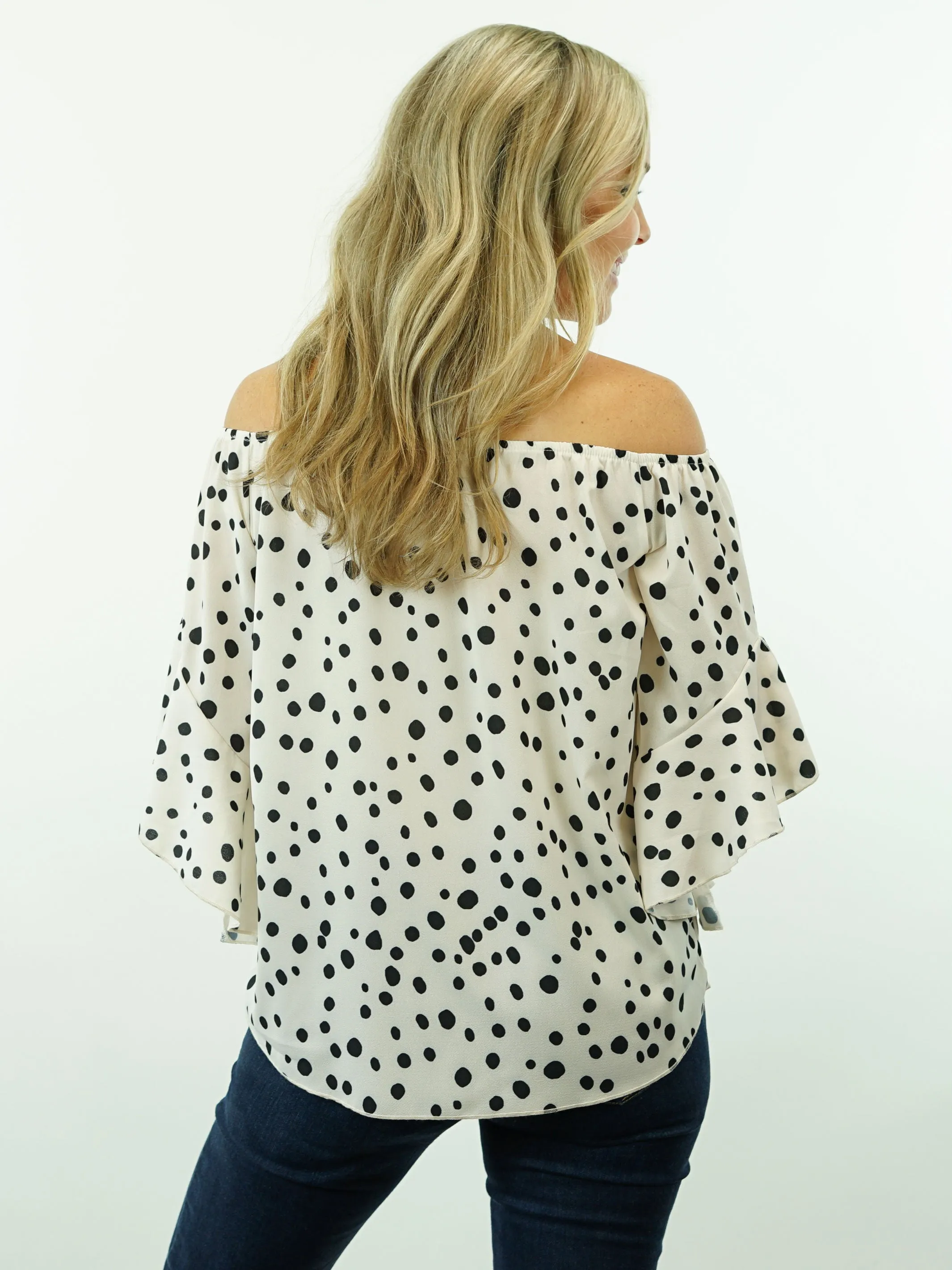 Dakota - White, Off Shoulder/On Shoulder, Polka Dot, 3/4 Sleeve, Cowgirl Tie-Knot Top