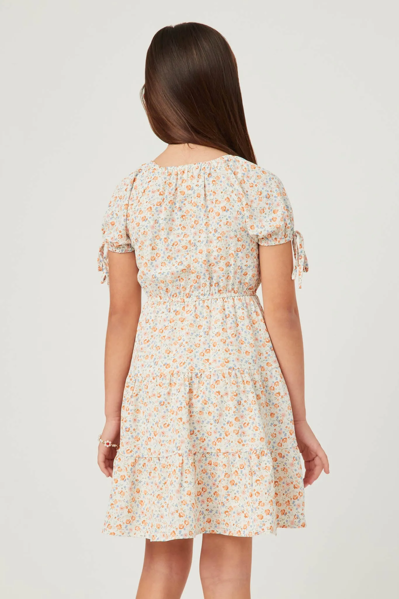 Ditsy Floral Puff Tie Sleeve Tiered Dress