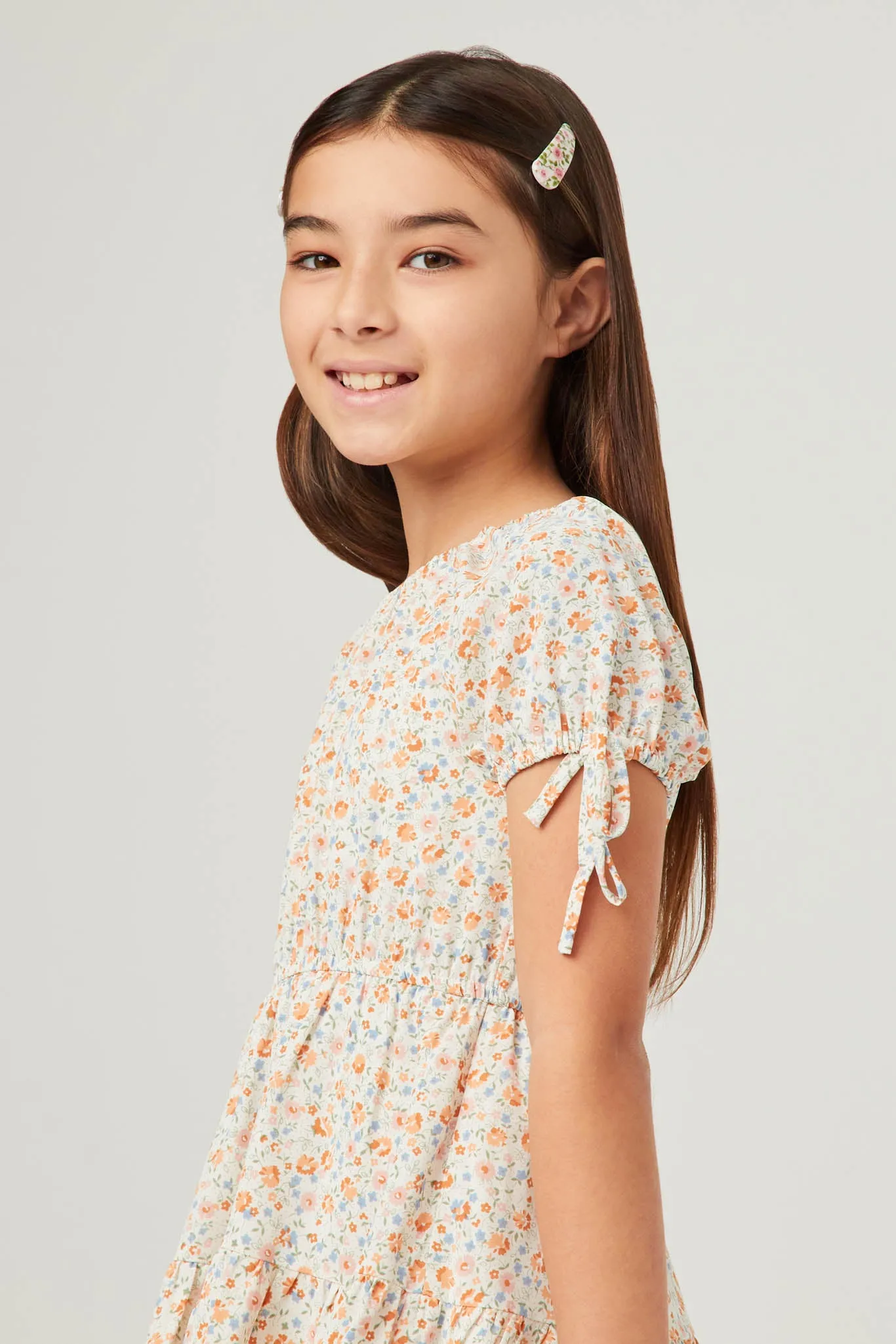 Ditsy Floral Puff Tie Sleeve Tiered Dress