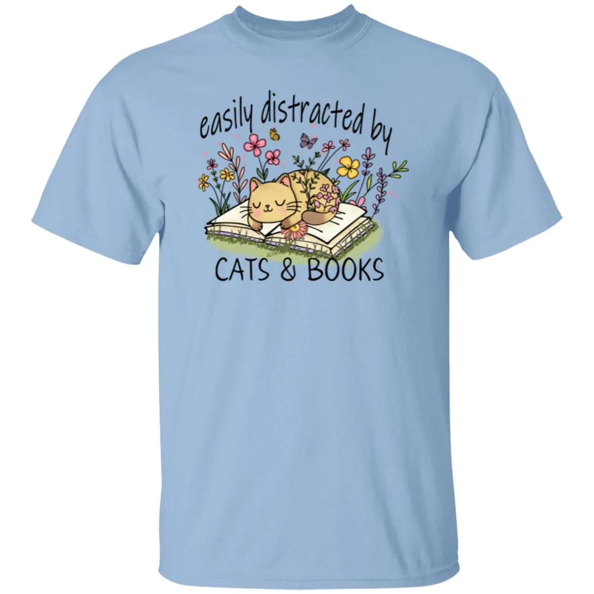 Easily Distracted by Cat and Books 5.3 oz. T-Shirt