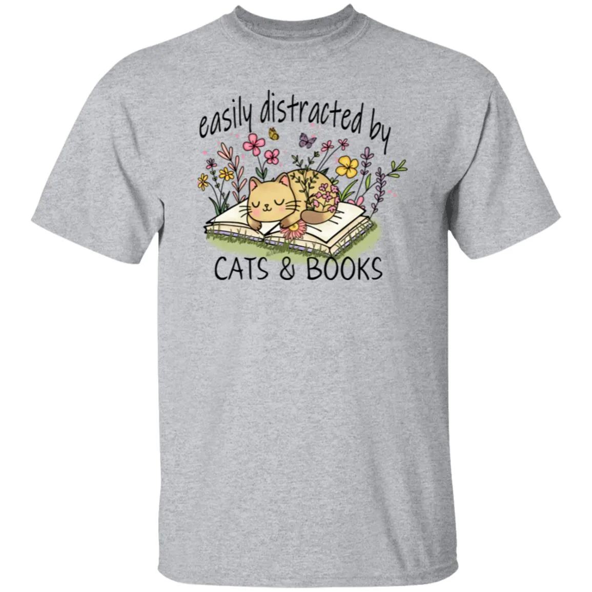 Easily Distracted by Cat and Books 5.3 oz. T-Shirt