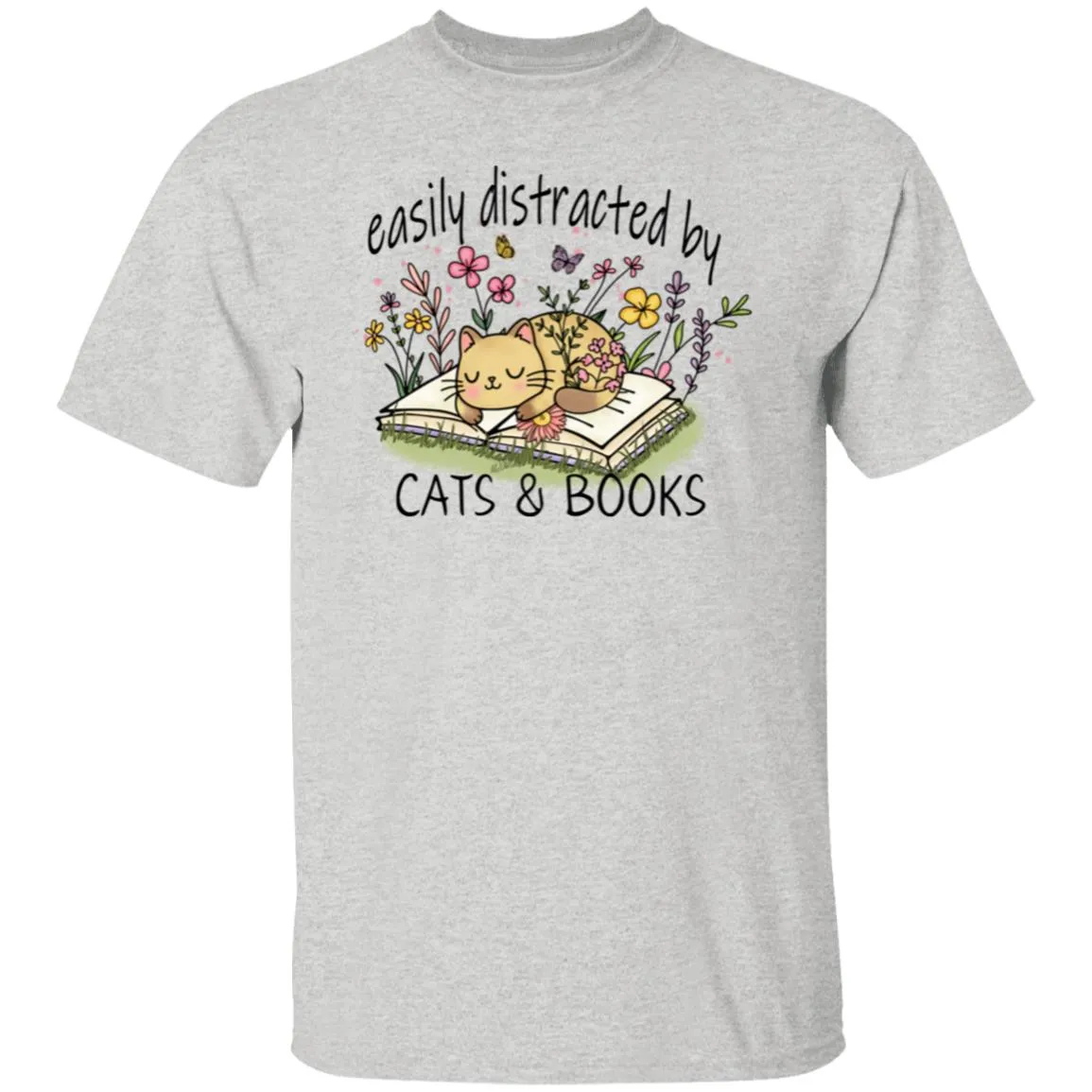 Easily Distracted by Cat and Books 5.3 oz. T-Shirt