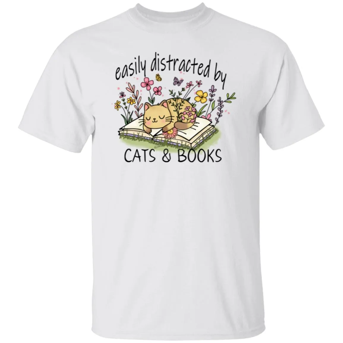 Easily Distracted by Cat and Books 5.3 oz. T-Shirt