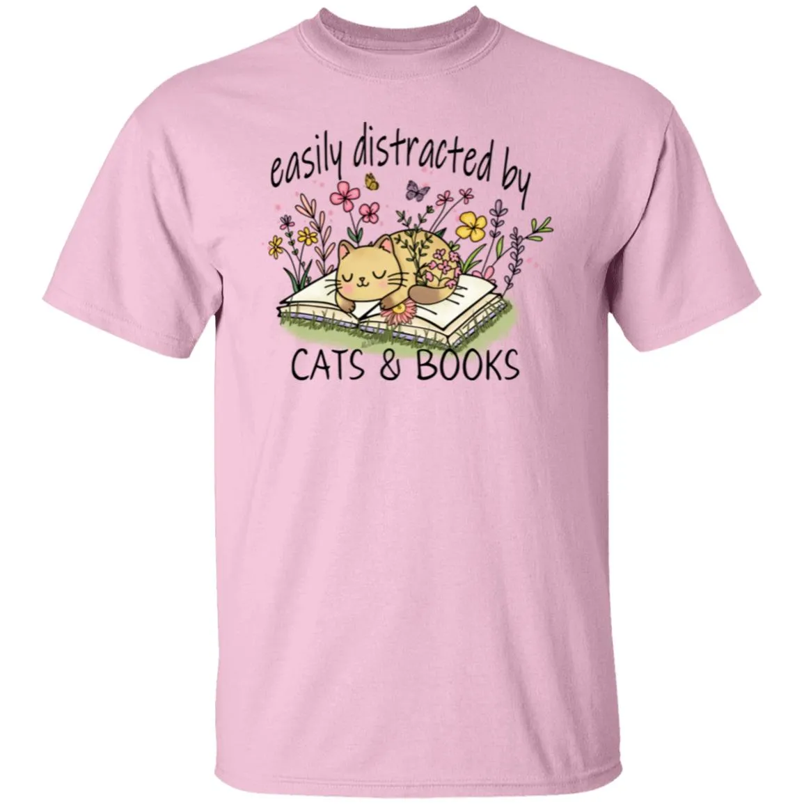 Easily Distracted by Cat and Books 5.3 oz. T-Shirt
