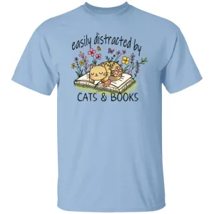 Easily Distracted by Cat and Books 5.3 oz. T-Shirt