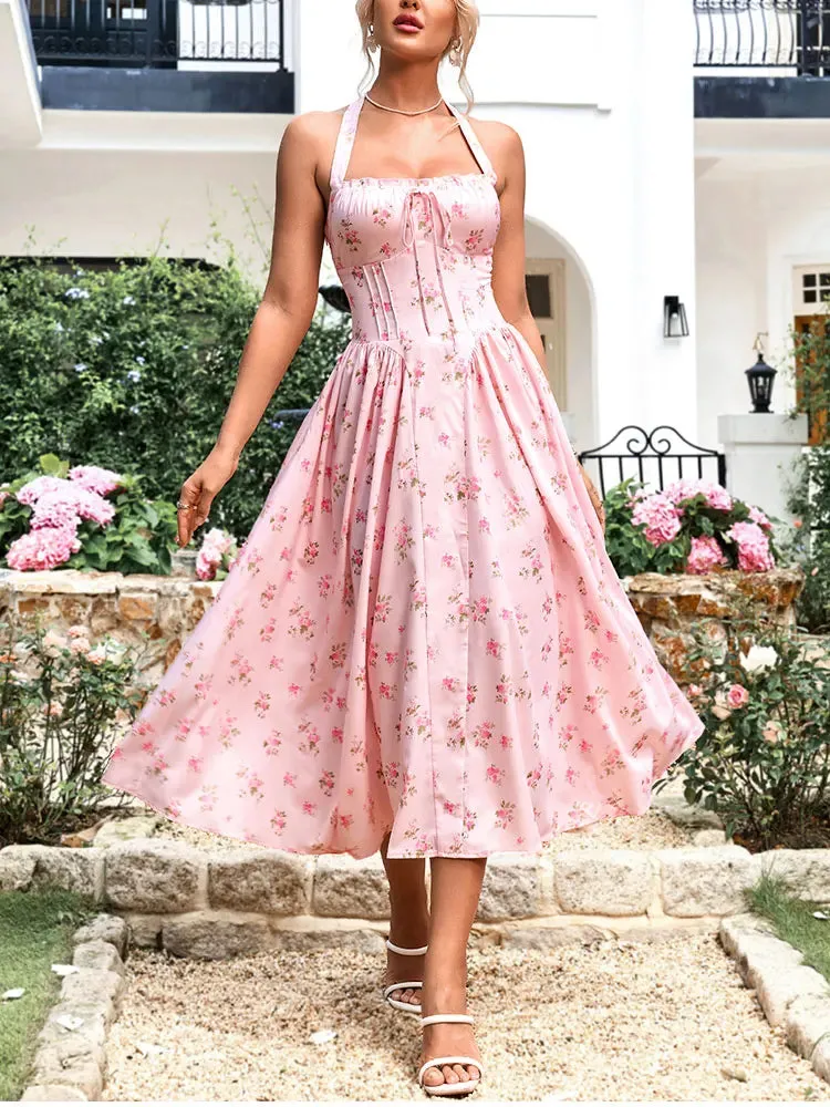 Floral Halter Straps Tie Up Backless Corset Dress