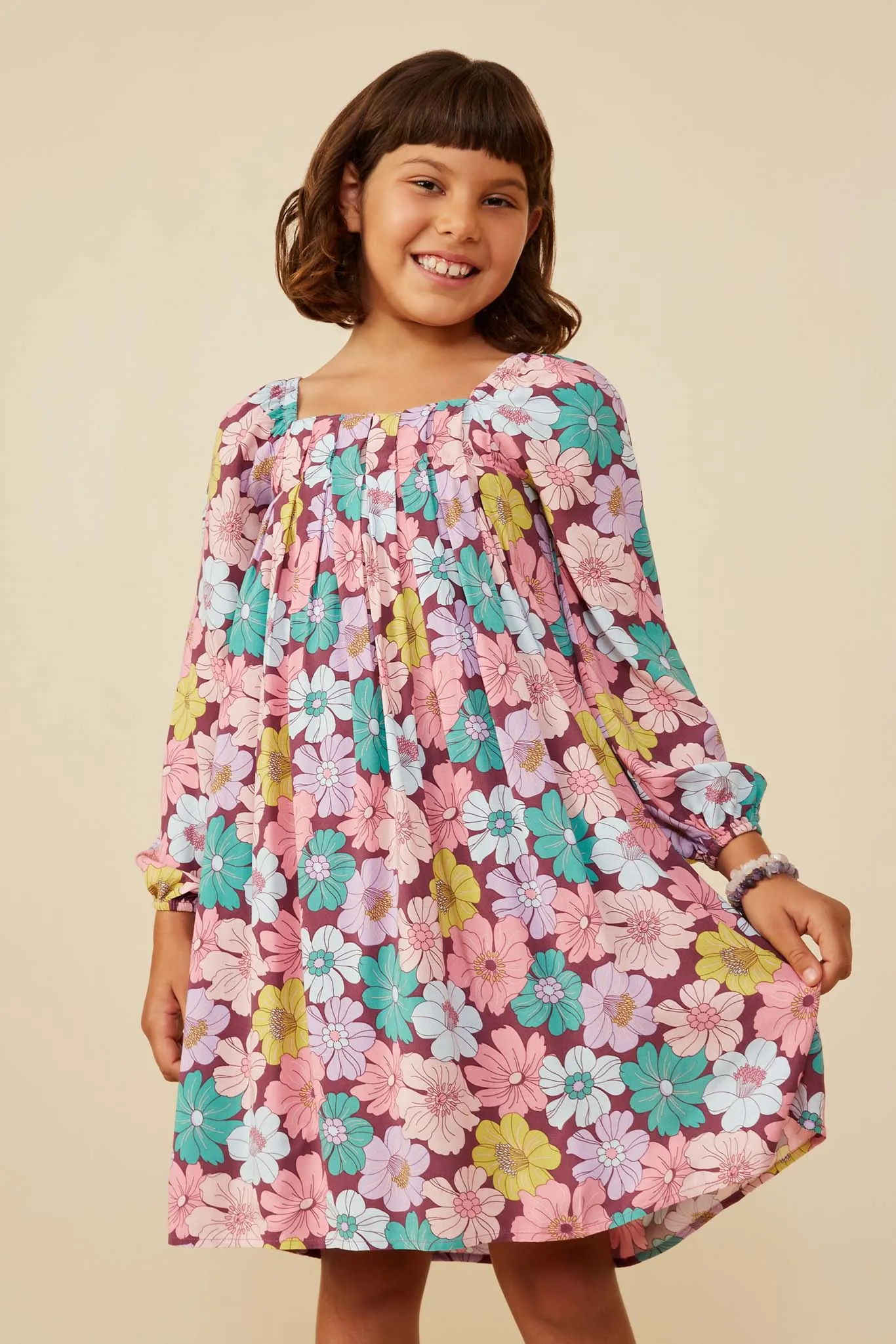 Floral Print Box Pleat Square Neck Dress