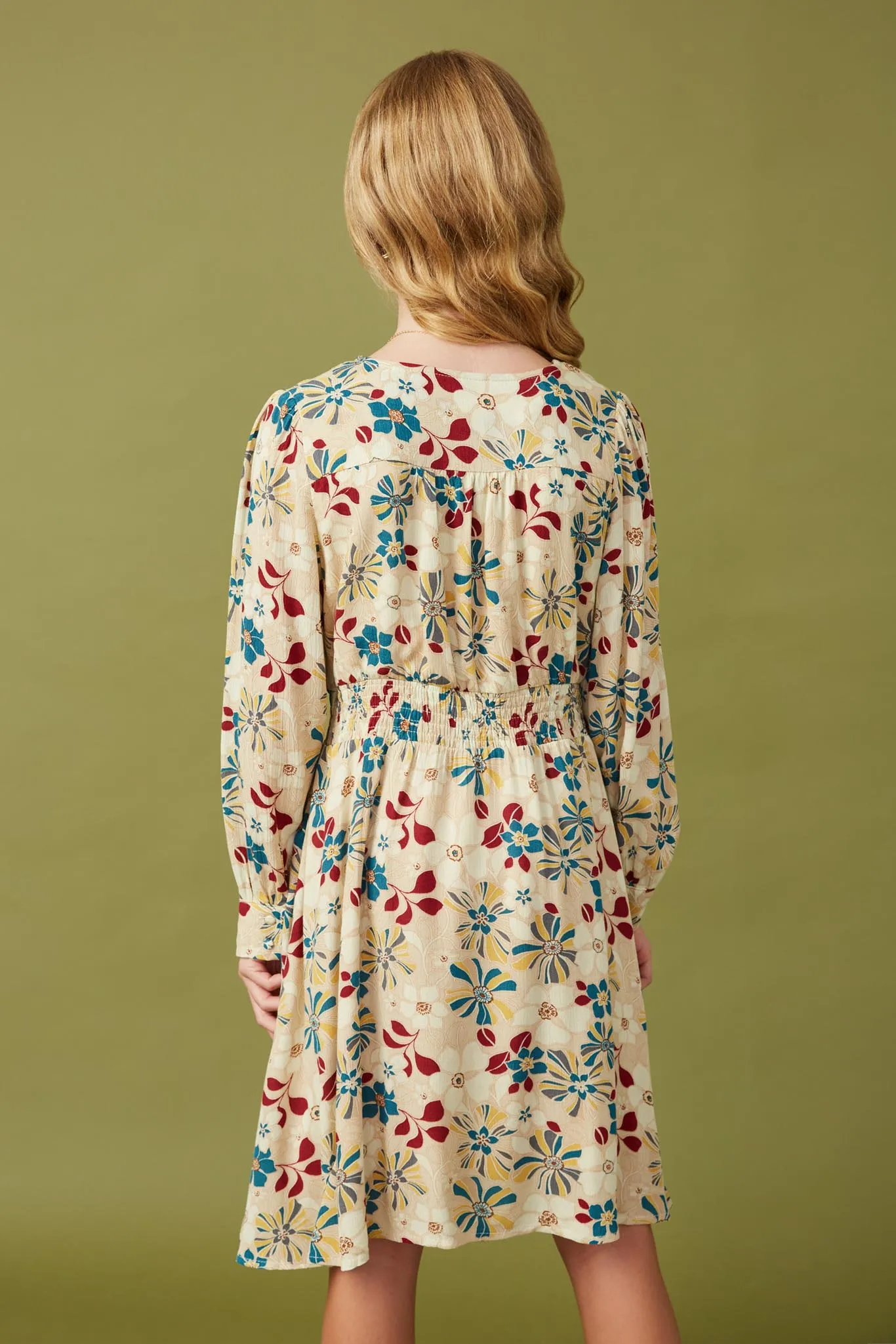 Floral Print Button Up V Neck Smock Detail Dress