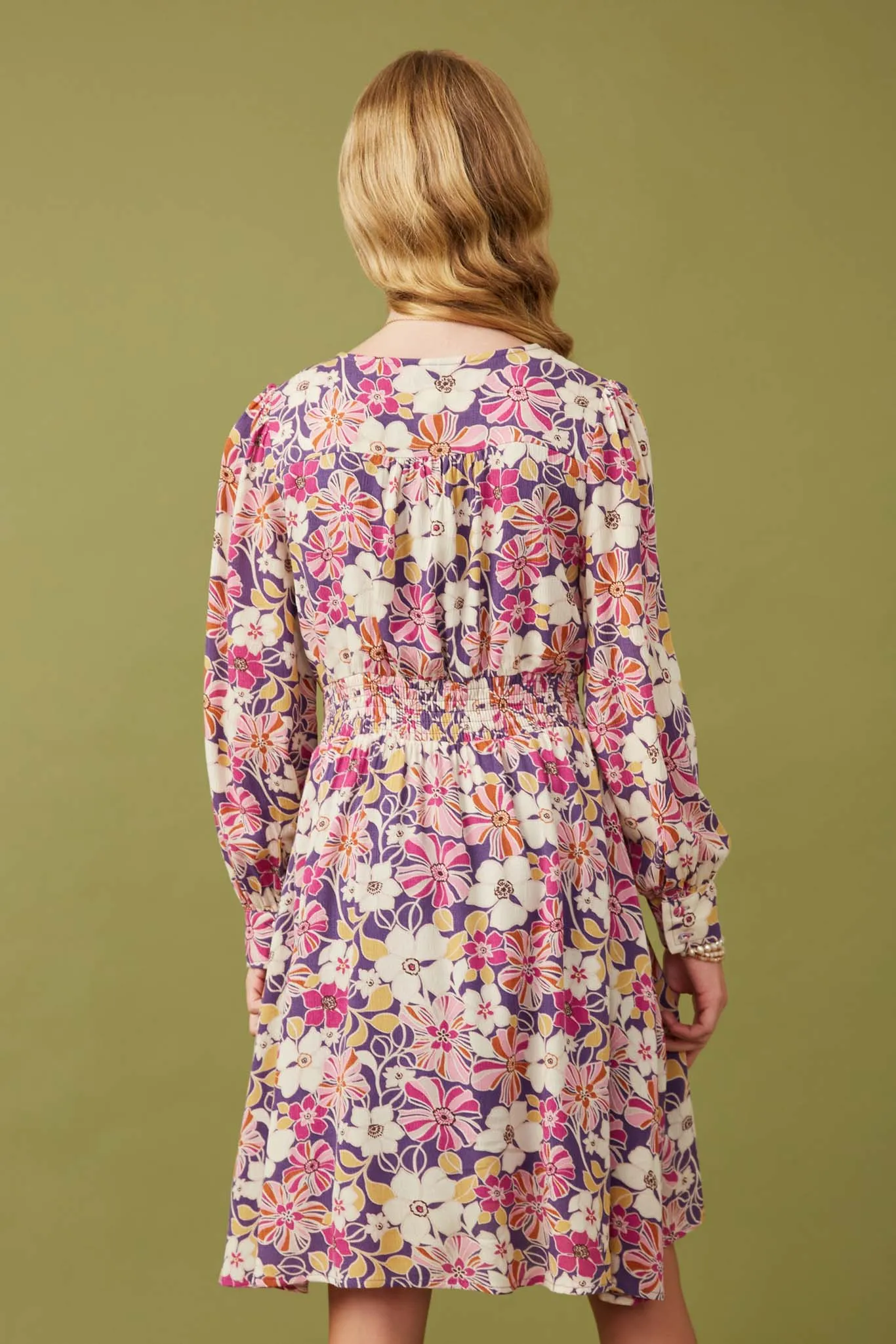 Floral Print Button Up V Neck Smock Detail Dress