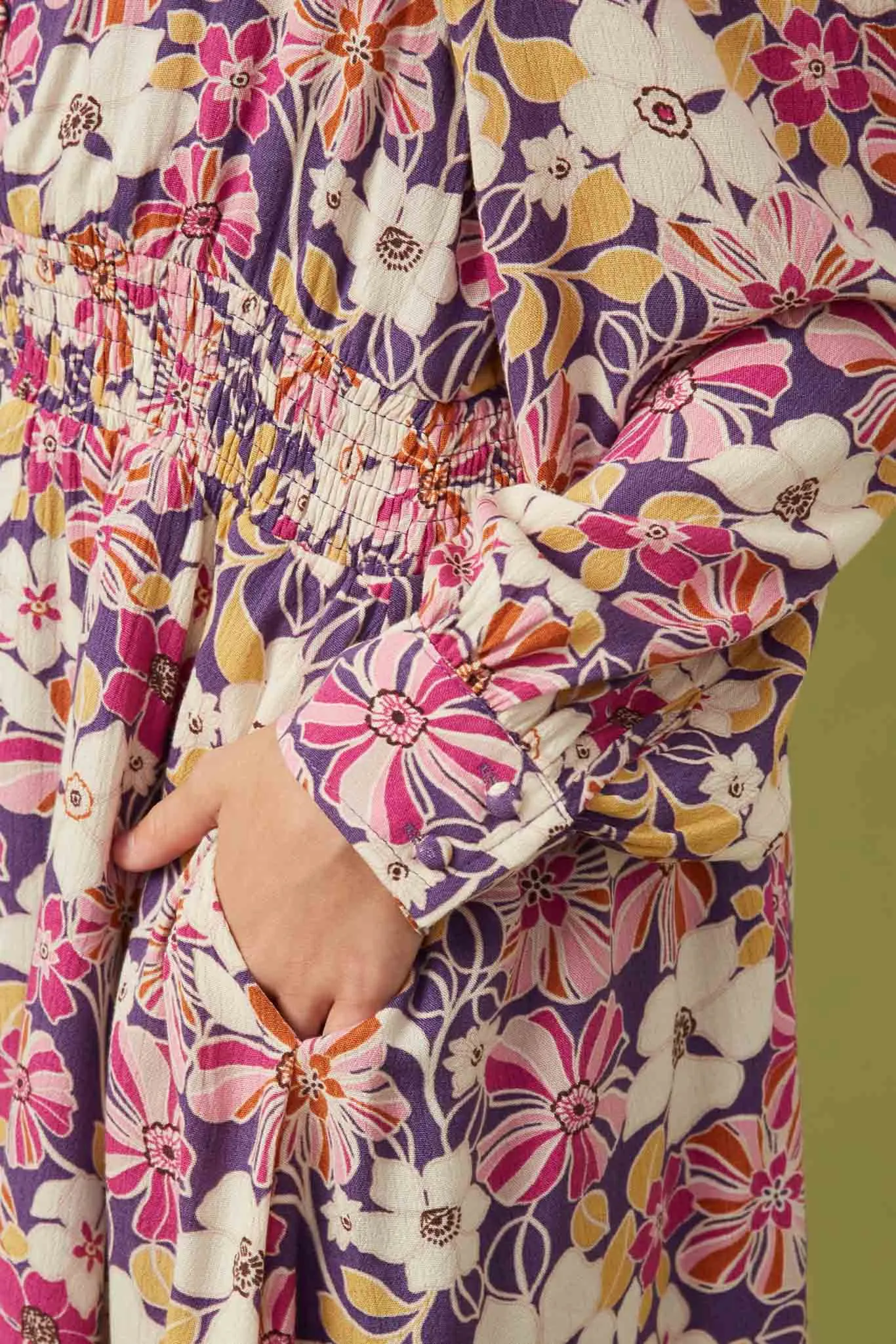 Floral Print Button Up V Neck Smock Detail Dress