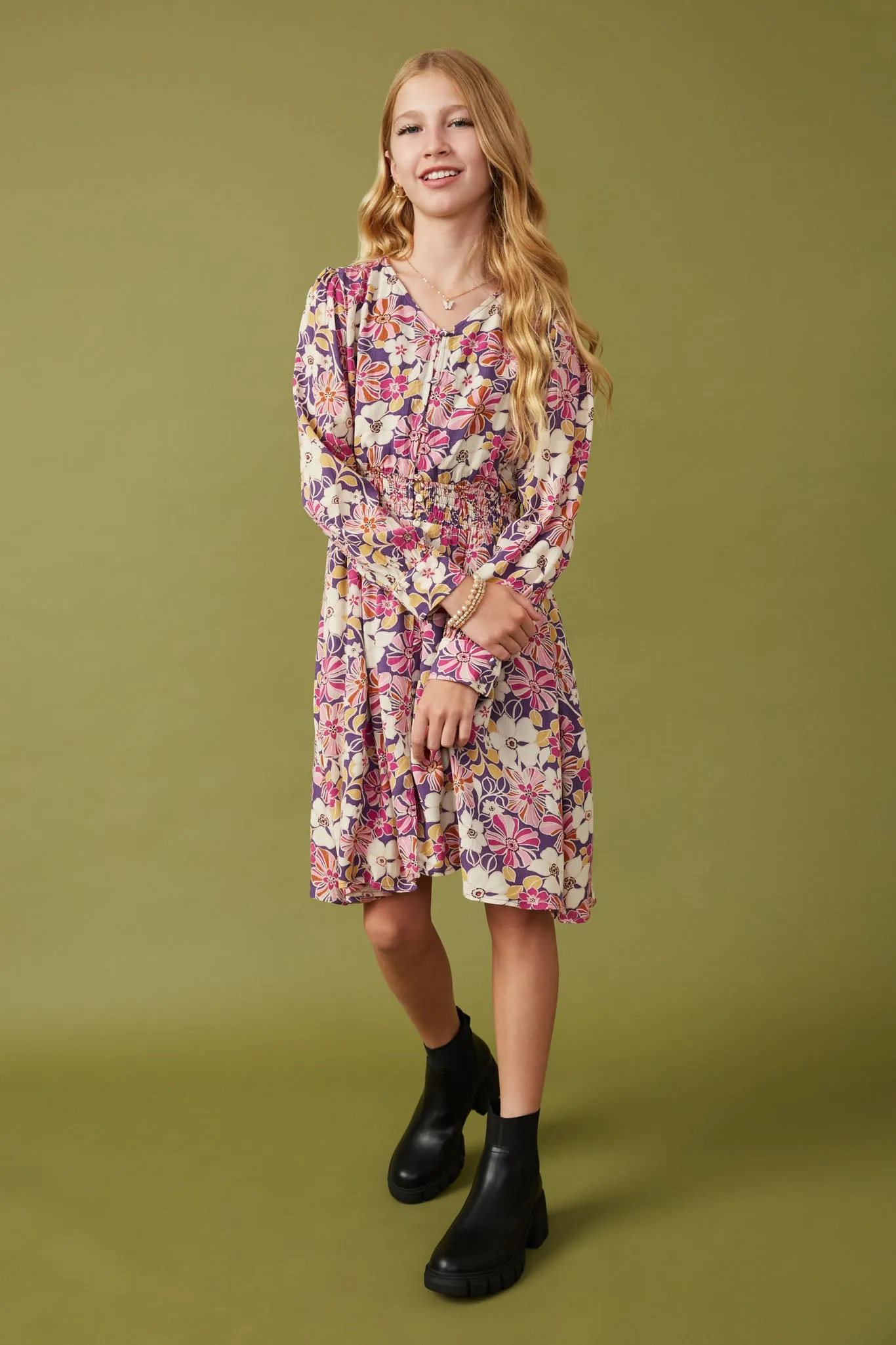 Floral Print Button Up V Neck Smock Detail Dress