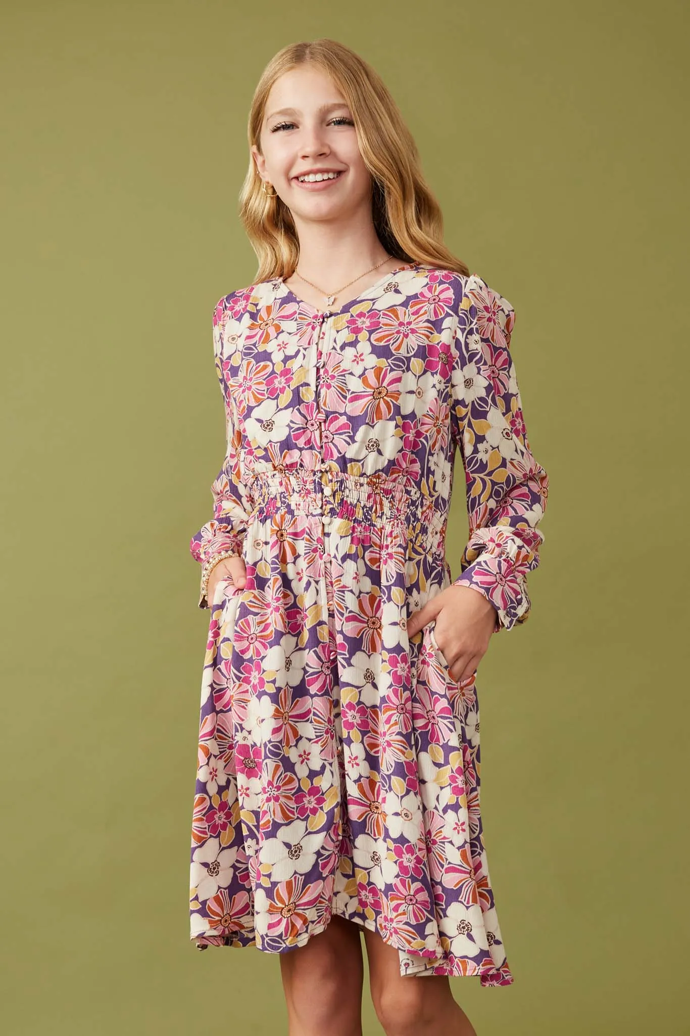 Floral Print Button Up V Neck Smock Detail Dress