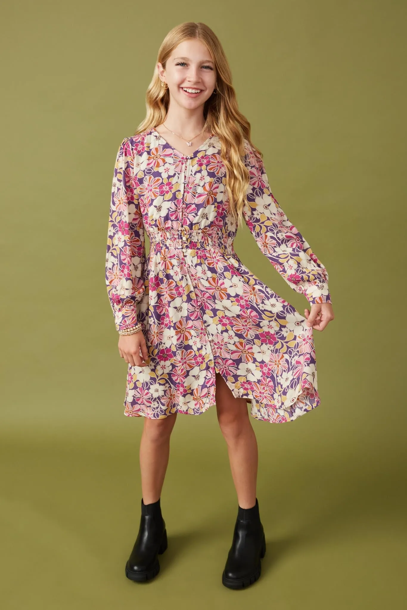 Floral Print Button Up V Neck Smock Detail Dress