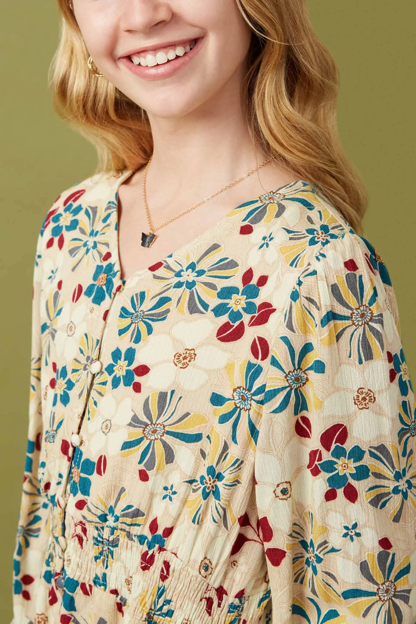 Floral Print Button Up V Neck Smock Detail Dress