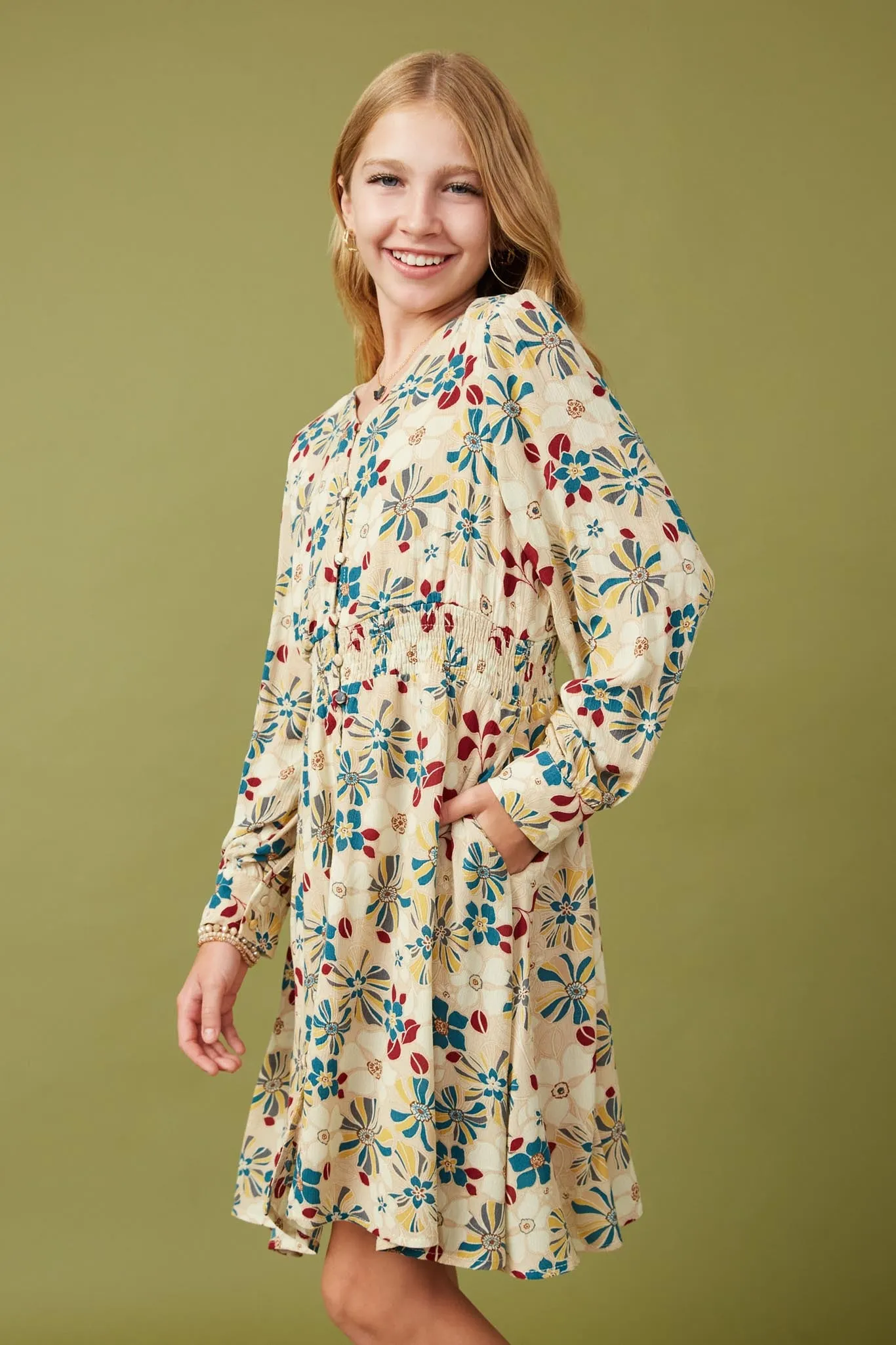 Floral Print Button Up V Neck Smock Detail Dress