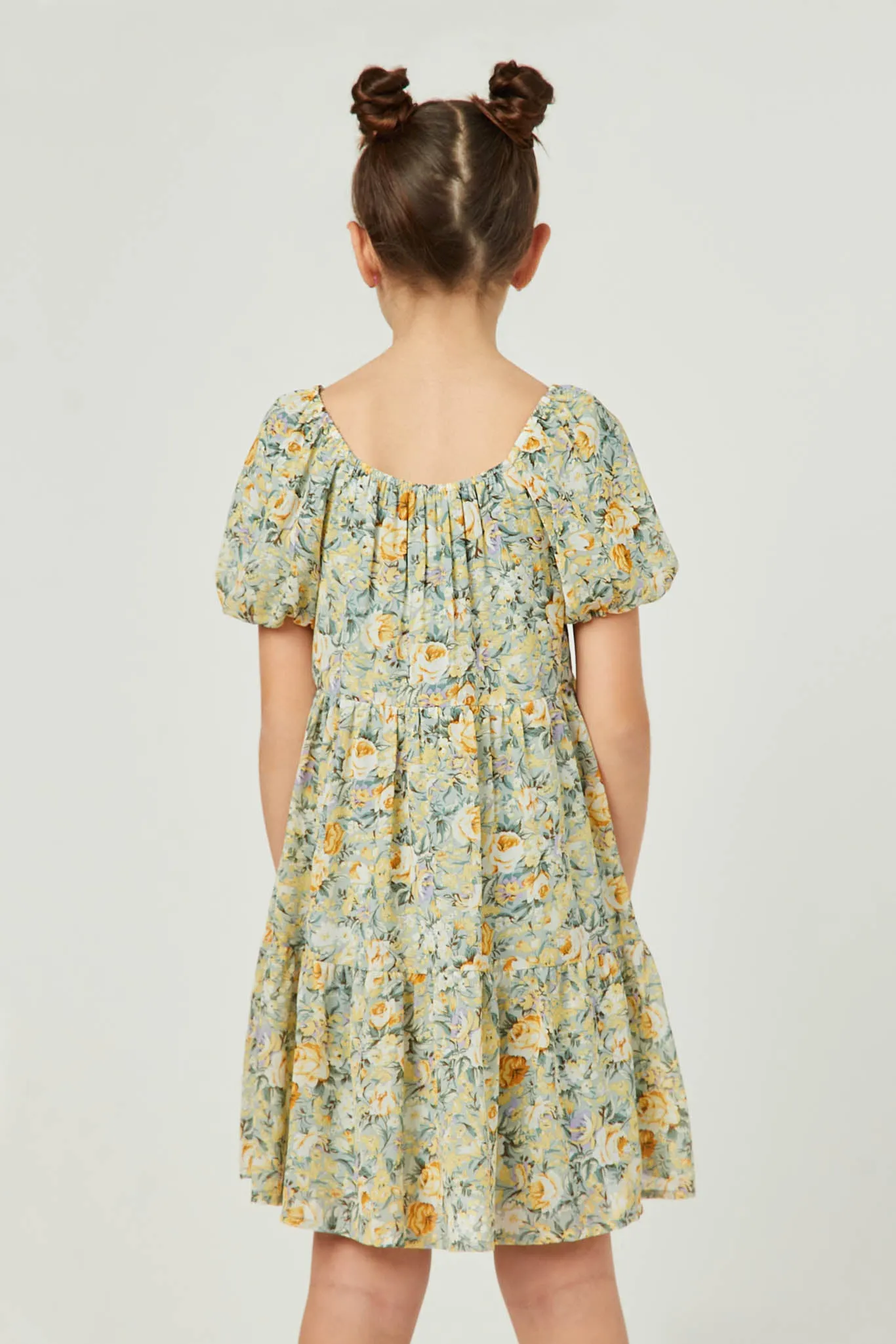 Floral Puff Sleeve Tie Front Tiered Dress