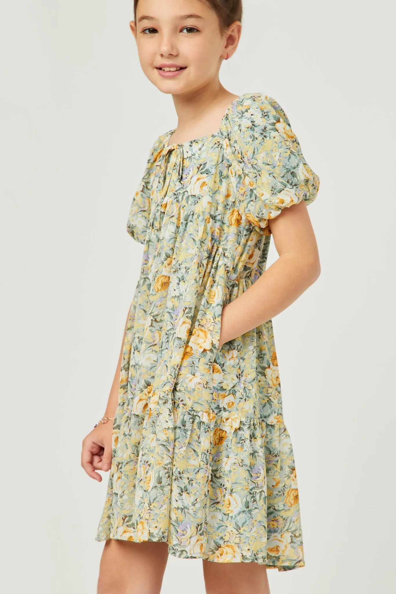 Floral Puff Sleeve Tie Front Tiered Dress