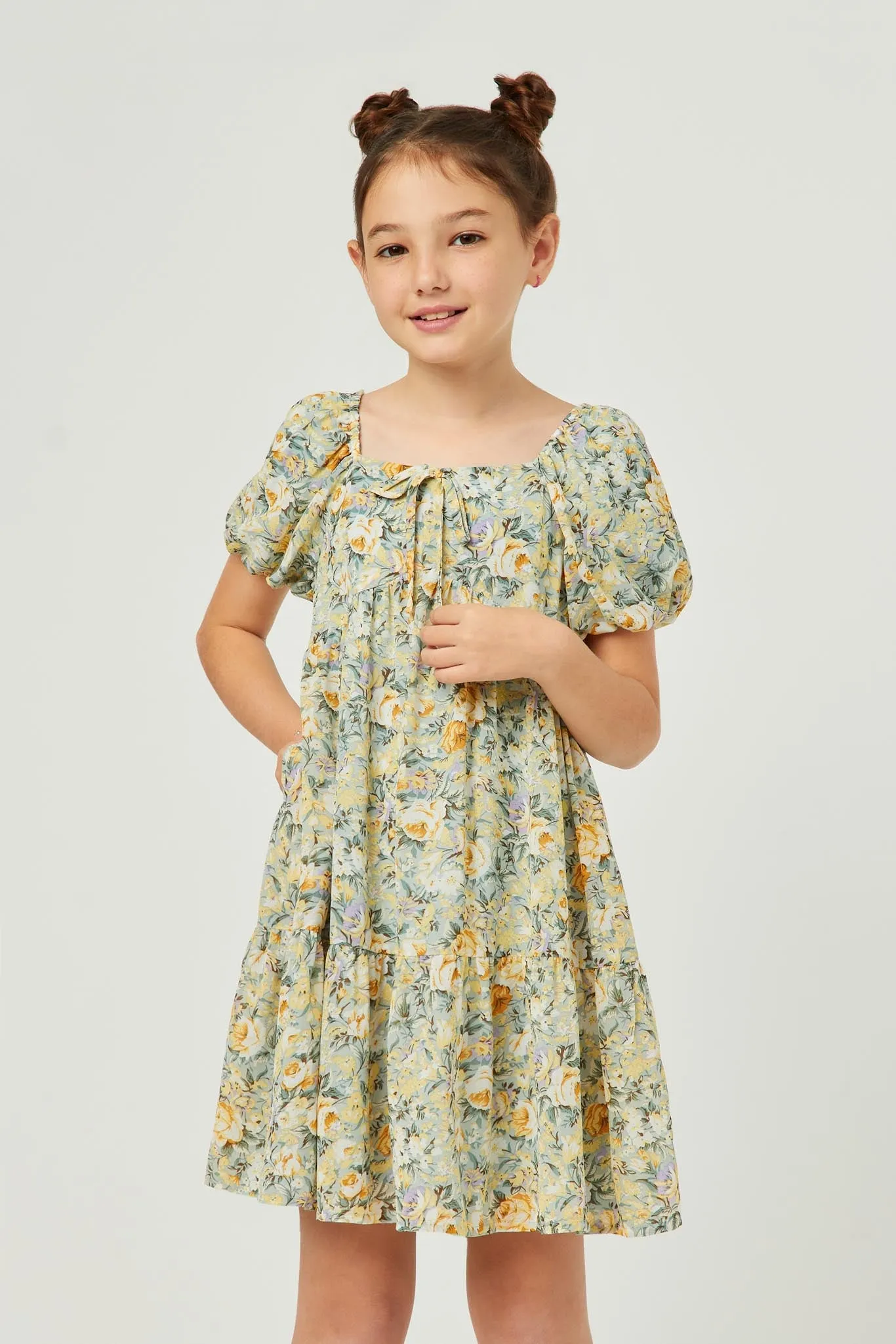 Floral Puff Sleeve Tie Front Tiered Dress