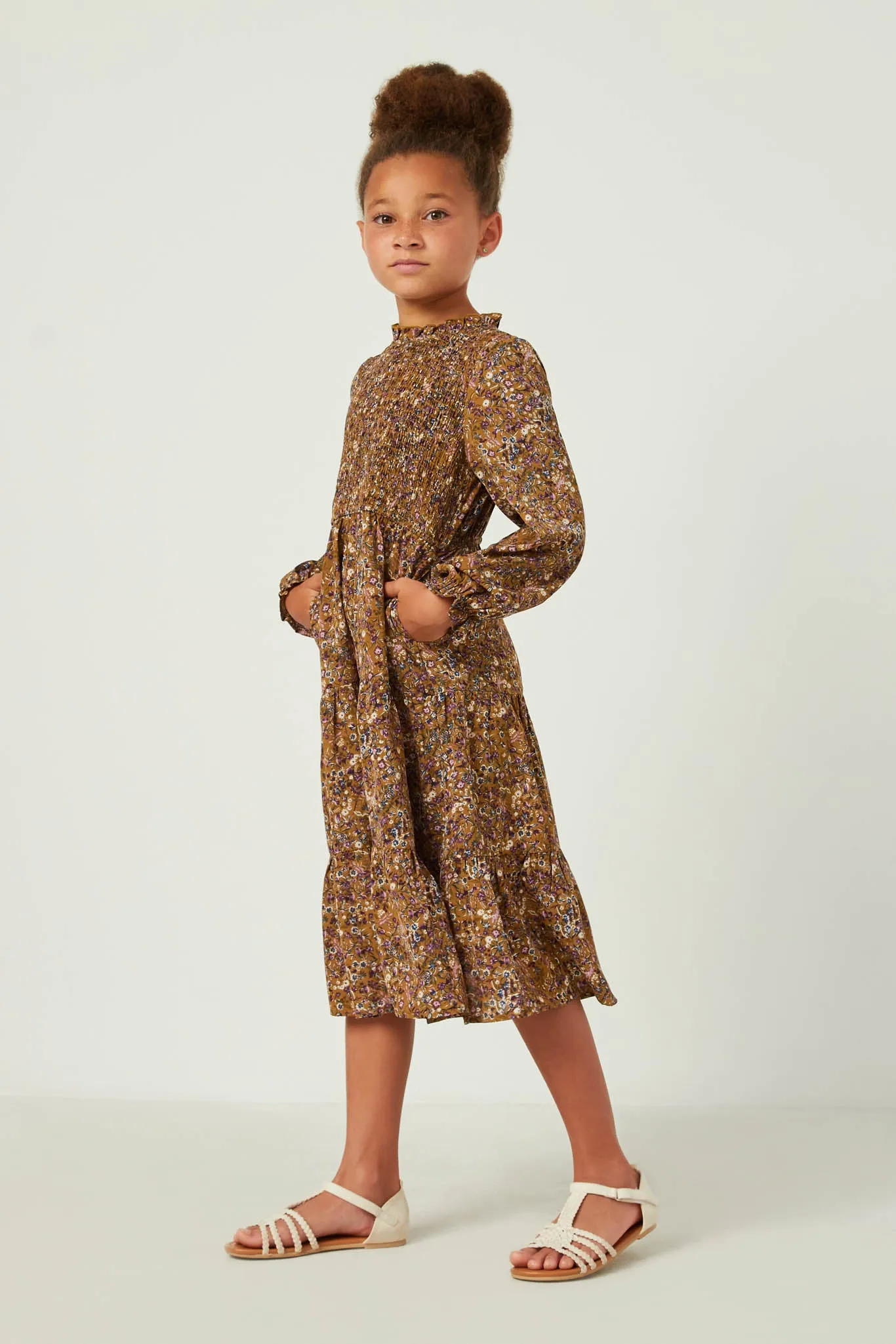 Floral Ruffle Neck Smock Detail Dress