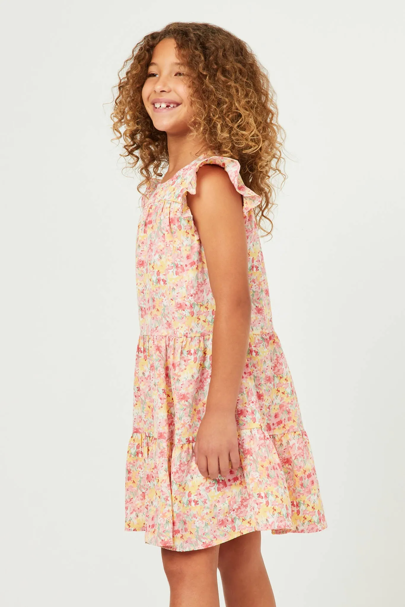 Floral Ruffle Sleeve Tiered Dress