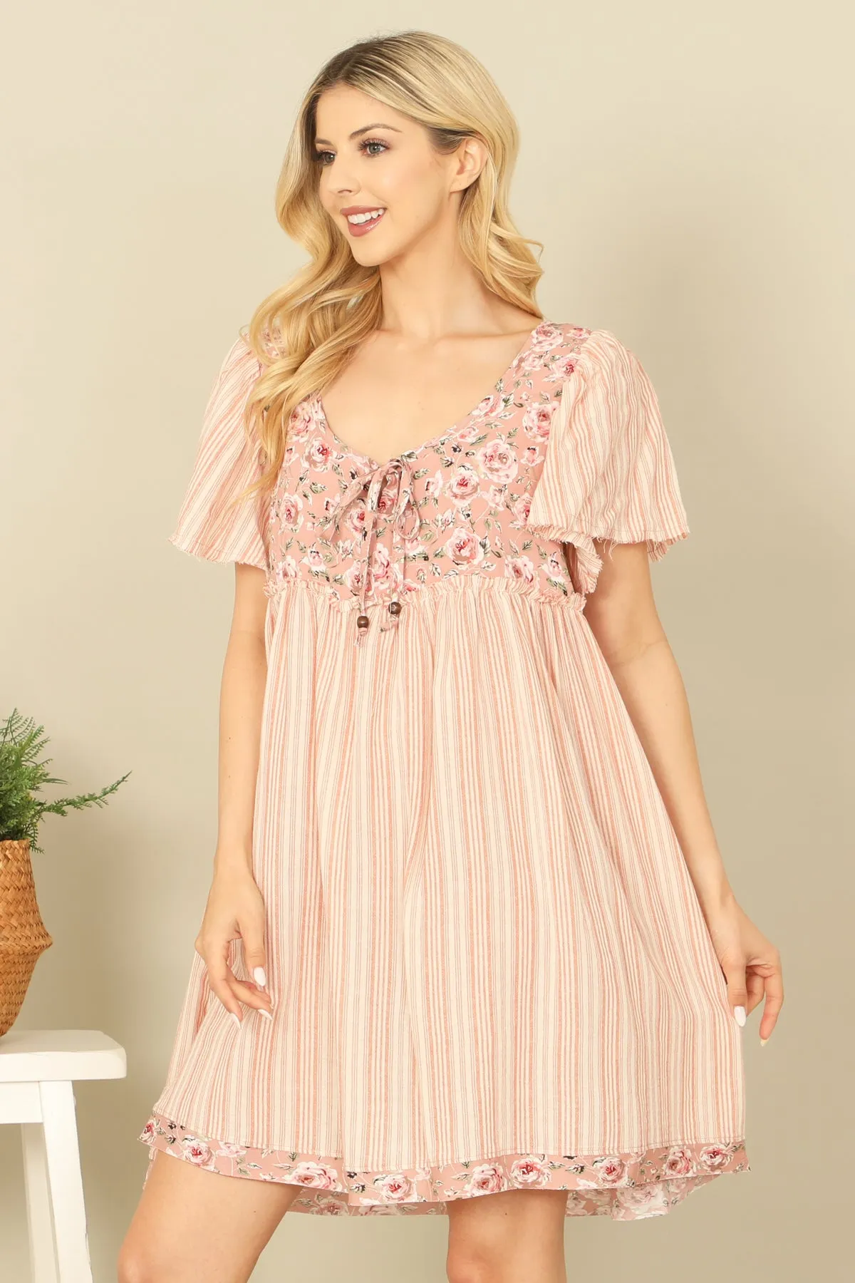 FLORAL-STRIPE PRINT BELL SLEEVE TIE DETAIL BABYDOLL DRESS