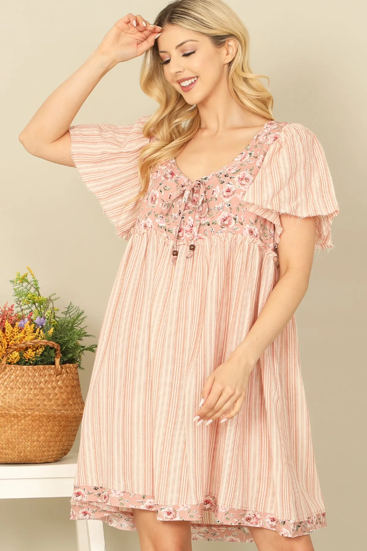 FLORAL-STRIPE PRINT BELL SLEEVE TIE DETAIL BABYDOLL DRESS