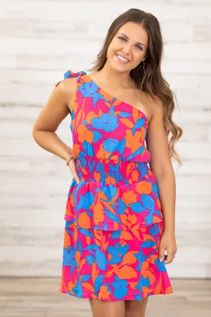 Fuchsia and Royal Floral One Shoulder Dress