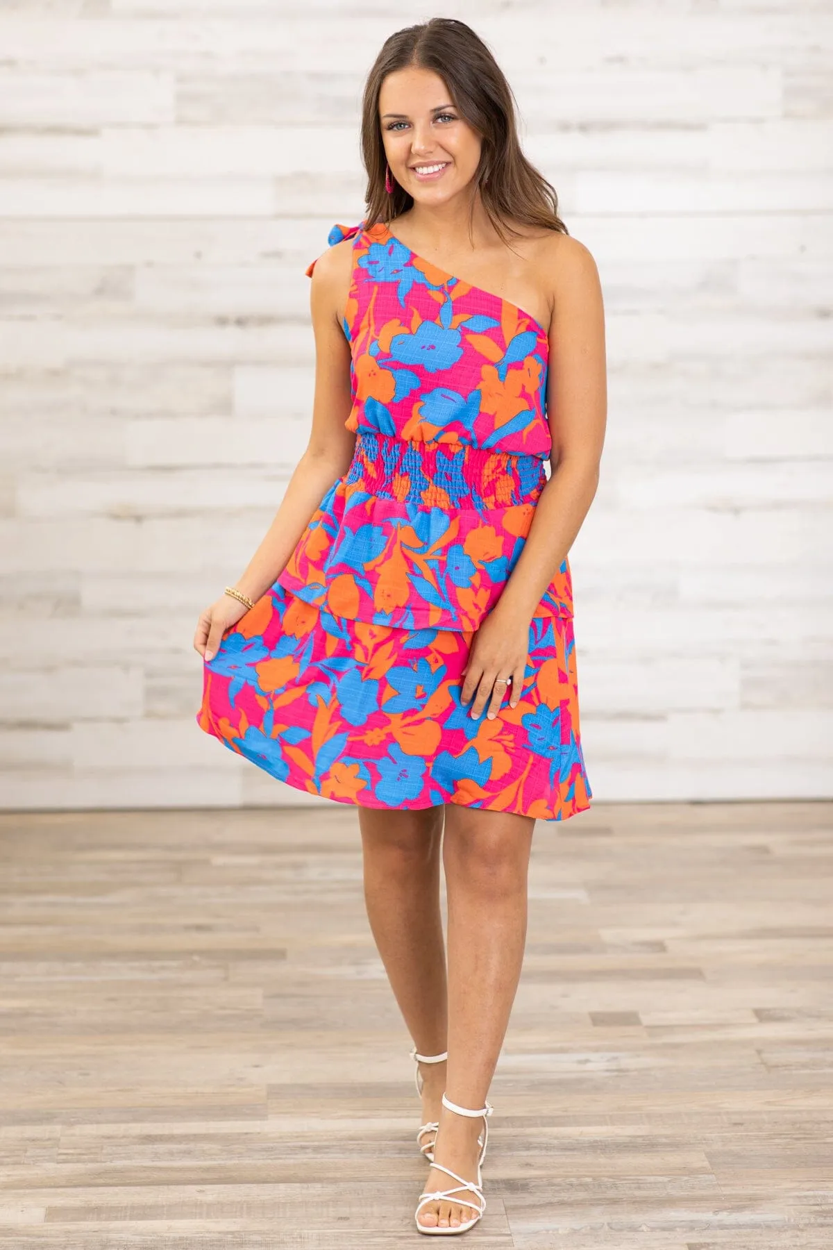 Fuchsia and Royal Floral One Shoulder Dress