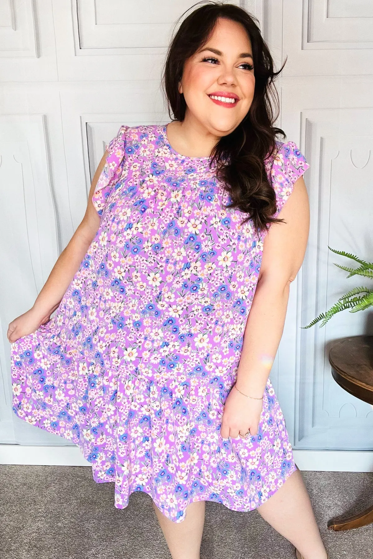 Haptics Lilac Floral Tiered Ruffle Sleeve Woven Dress