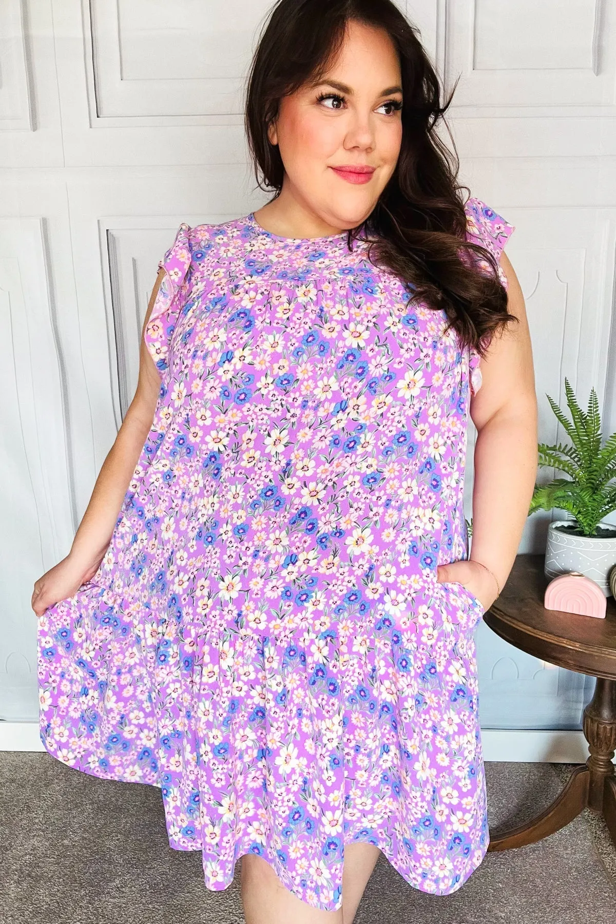 Haptics Lilac Floral Tiered Ruffle Sleeve Woven Dress