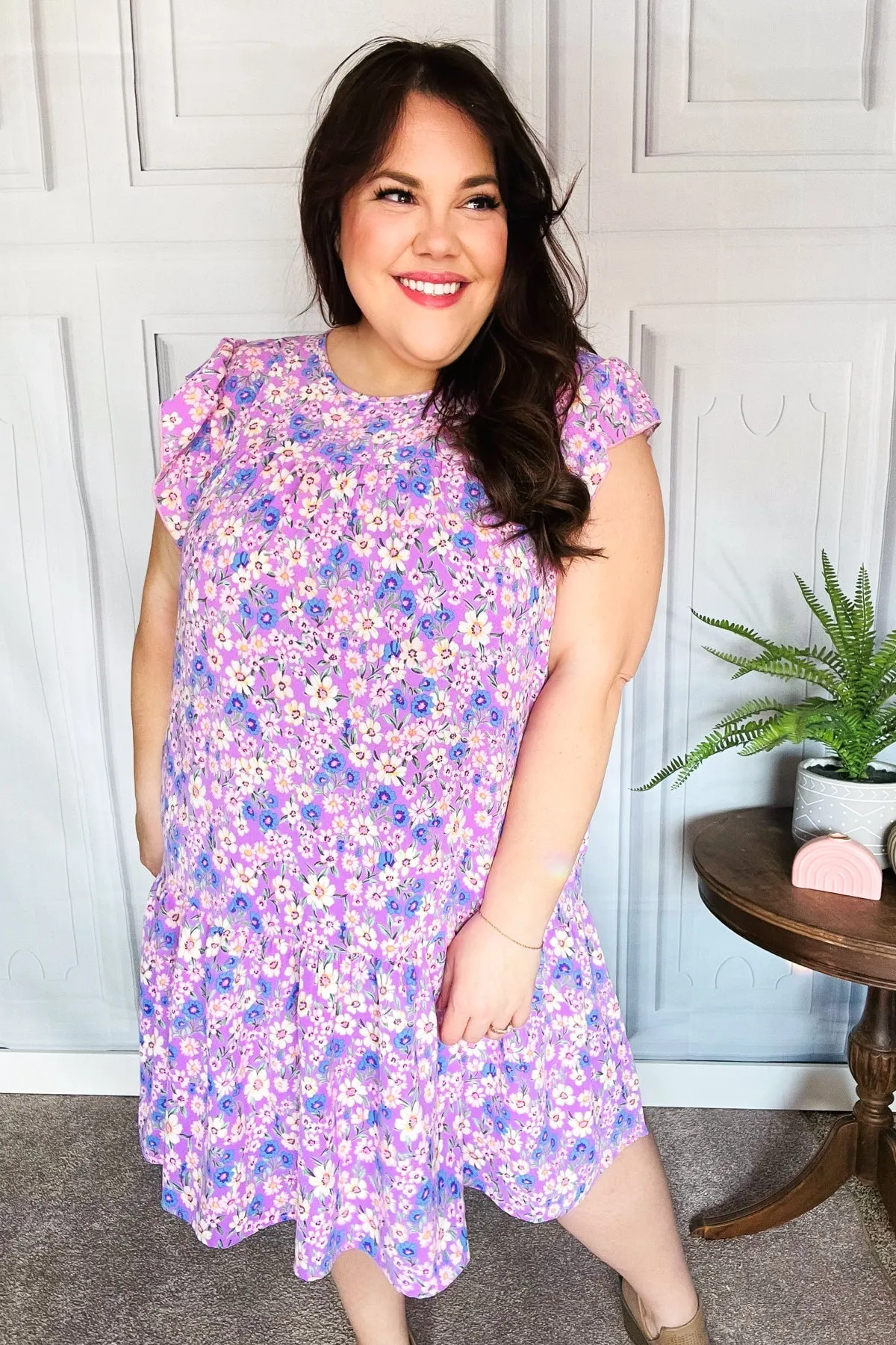 Haptics Lilac Floral Tiered Ruffle Sleeve Woven Dress