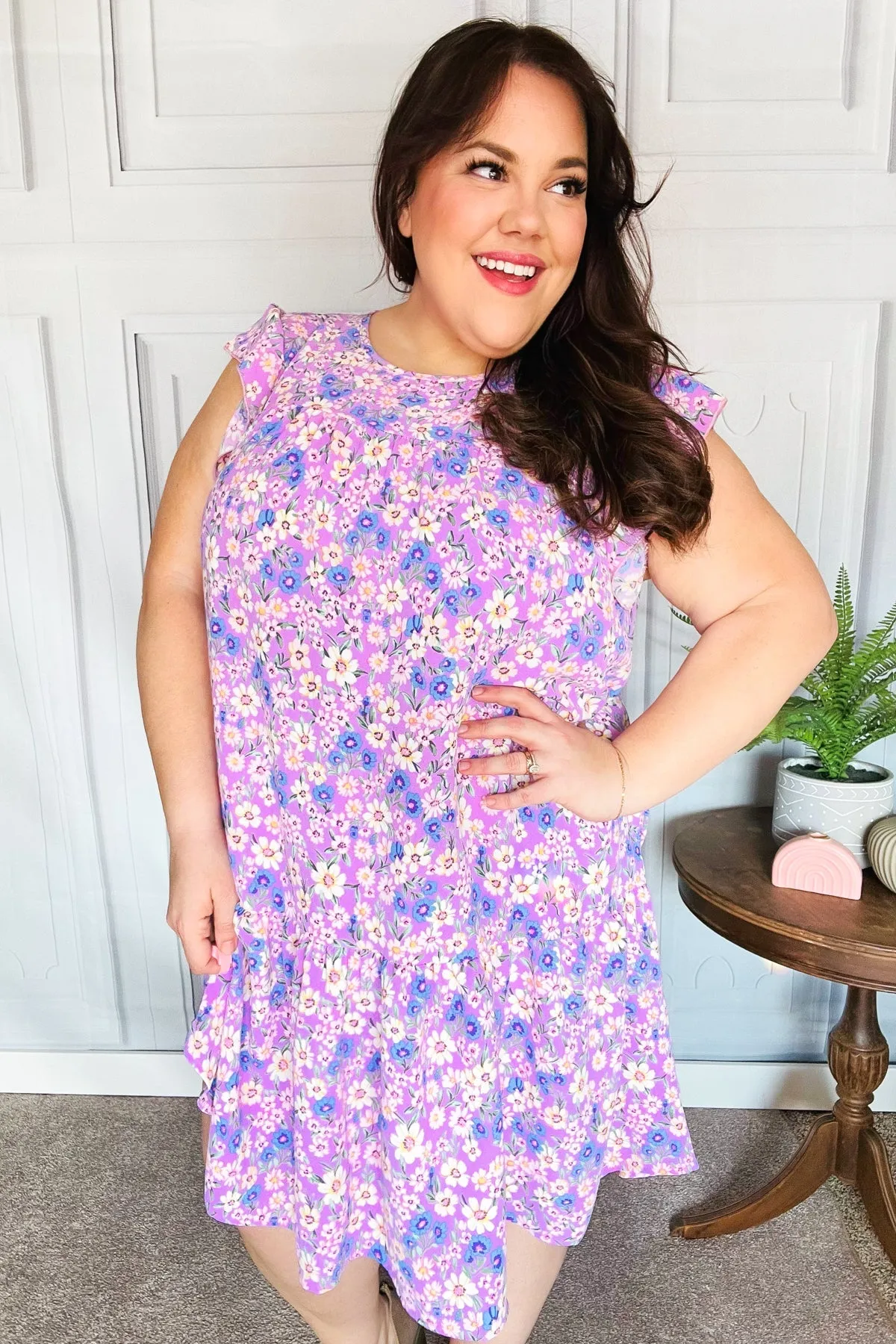 Haptics Lilac Floral Tiered Ruffle Sleeve Woven Dress