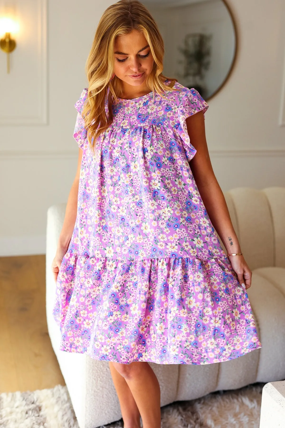 Haptics Lilac Floral Tiered Ruffle Sleeve Woven Dress