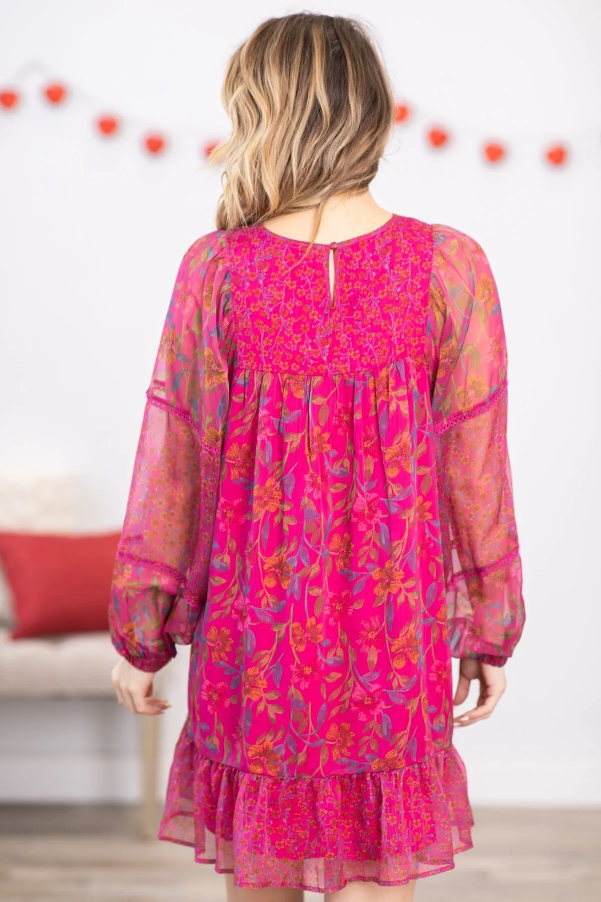 Hot Pink Multicolor Floral Long Sleeve Dress